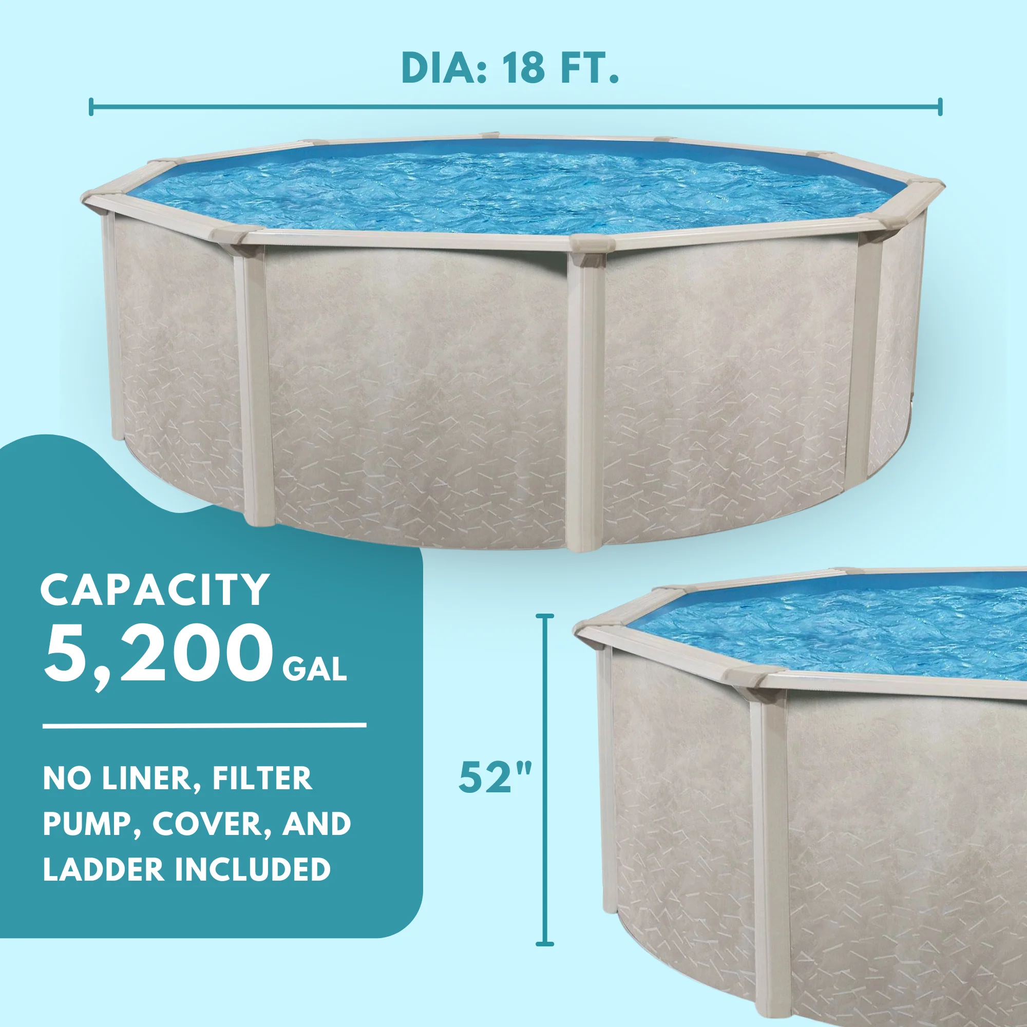 Aquarian 18 Foot by 52 Inch Steel Frame Outdoor Above Ground Pool, Gray - Womvr