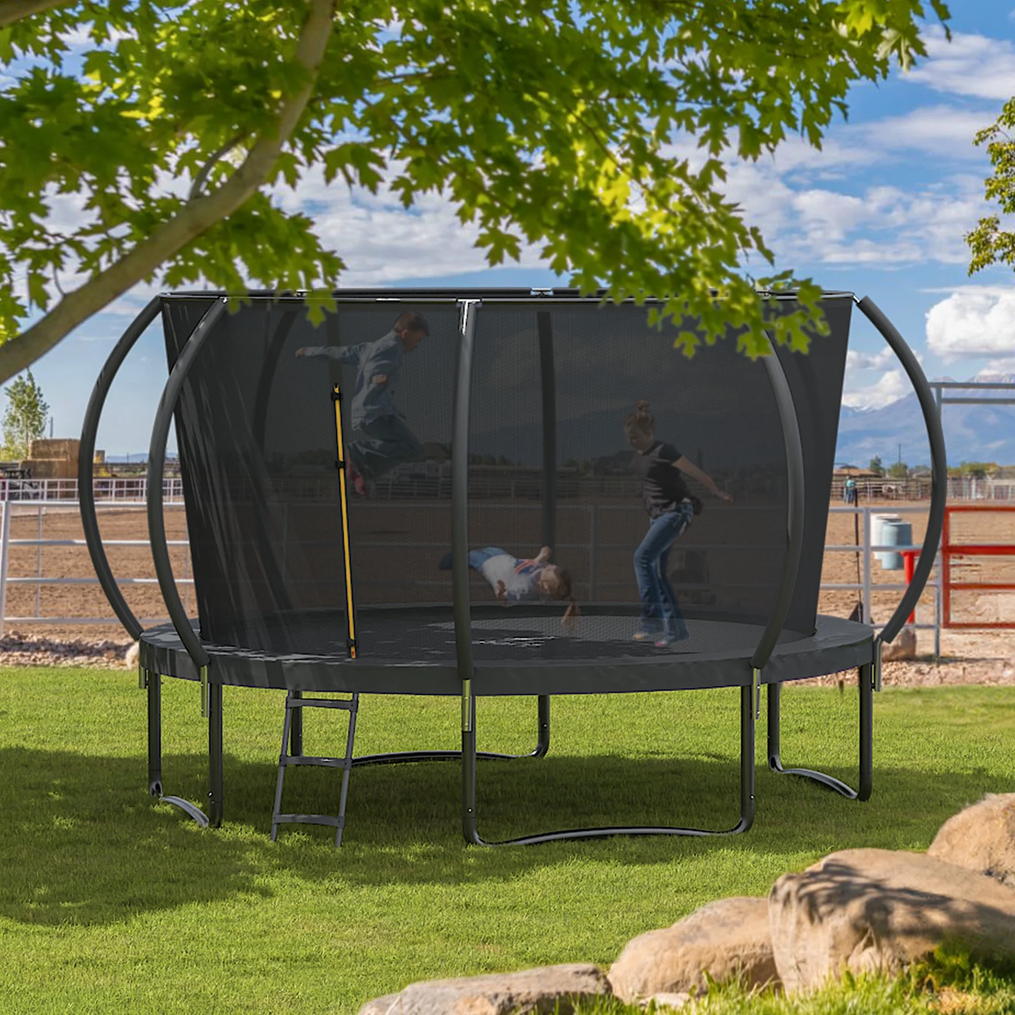 JELENS Trampoline 12FT 14FT, Recreational Trampolines with Enclosure Net and Ladder, Outdoor Anti-Rust Trampolines for Kids and Adults - Womvr