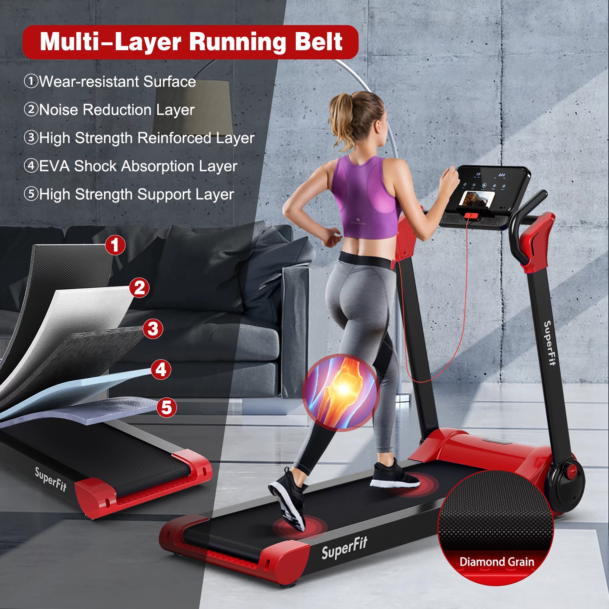 Superfit Folding 2.25HP Electric Treadmill Running Machine APP Control Bluetooth Black - Womvr