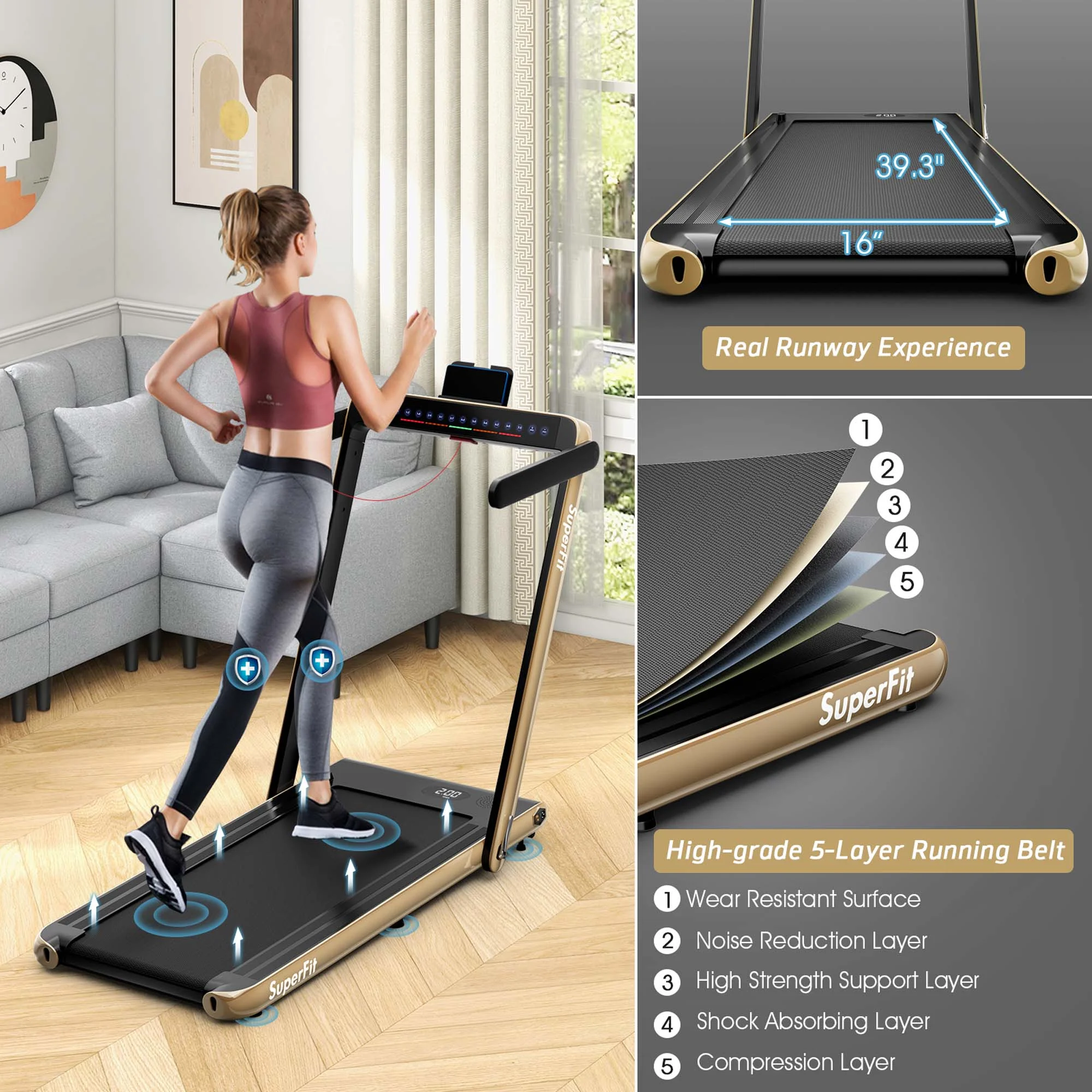 SuperFit Up To 7.5MPH 2.25HP 2 in 1 Dual Display Screen Folding Treadmill Jogging Machine W/APP Control Silver - Womvr