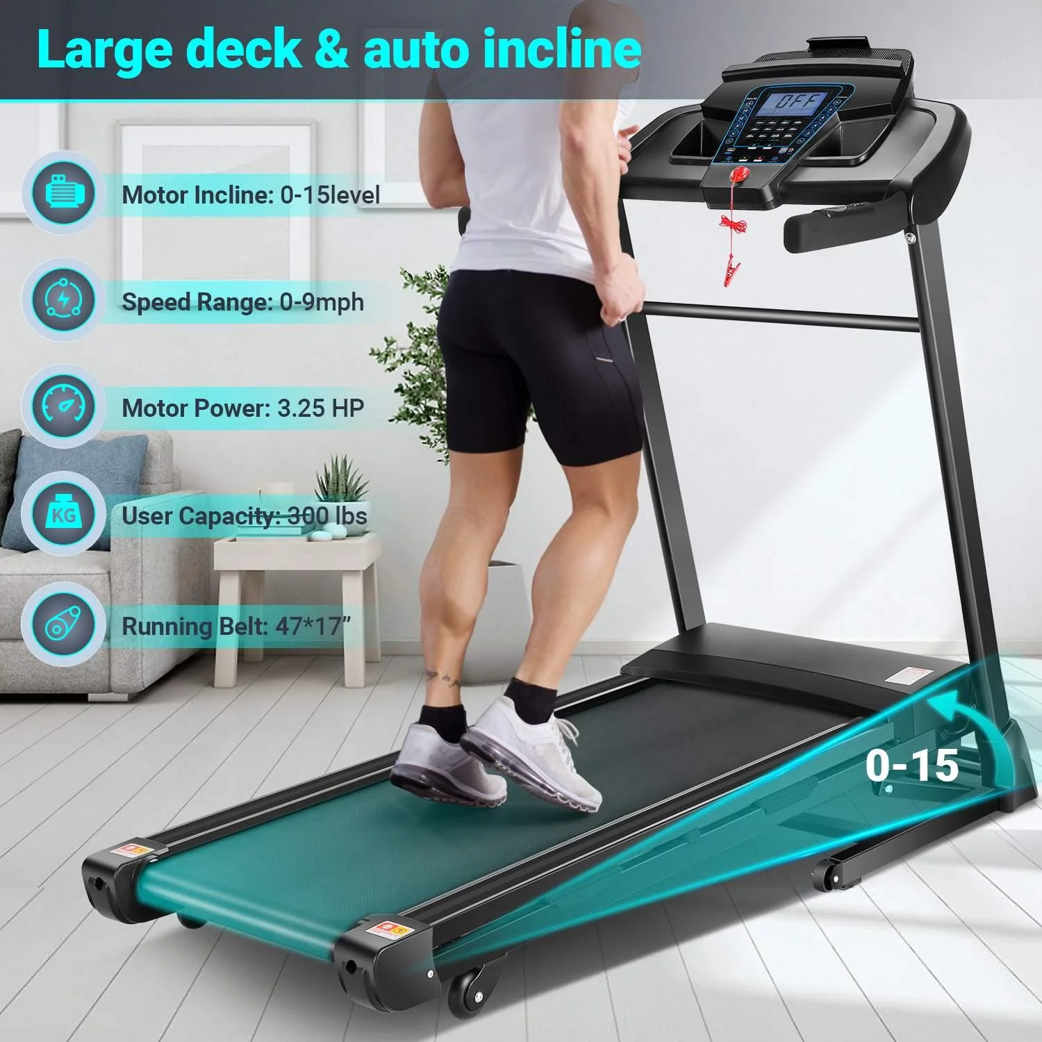 Tikmboex 15-Level  Auto Incline Treadmill with Bluetooth Speaker and LCD Dispaly, Electric Smart Control Running Machine for Exercise, Blue Black - Womvr