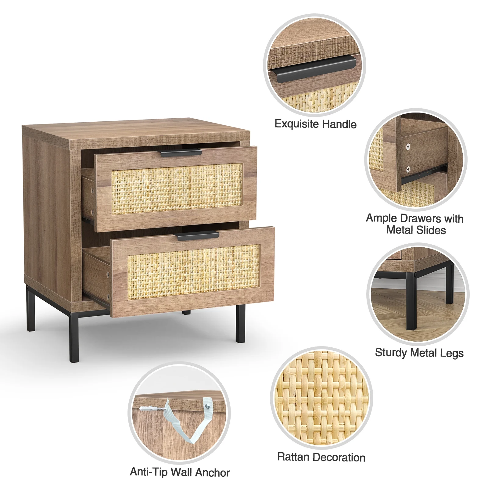 Eumyviv Modern Farmhouse Nightstands with 2 Rattan Drawer,Wood Bedside Table Storage Cabinet for Bedroom, Living Room,Natural Oak H0021 - Womvr