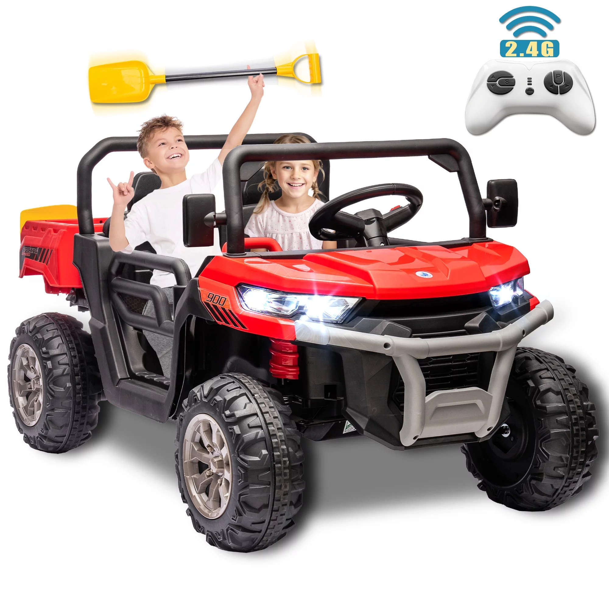 24V 2 Seater Kids Ride on Car Truck, Ride on UTV with 2x200W Motor Ride on Dump Truck, Ride on Car with Dump Bed/Shovel, Electric Vehicle with Non-Slip Tyre, LED Light, Music, Remote Control, Red - Womvr