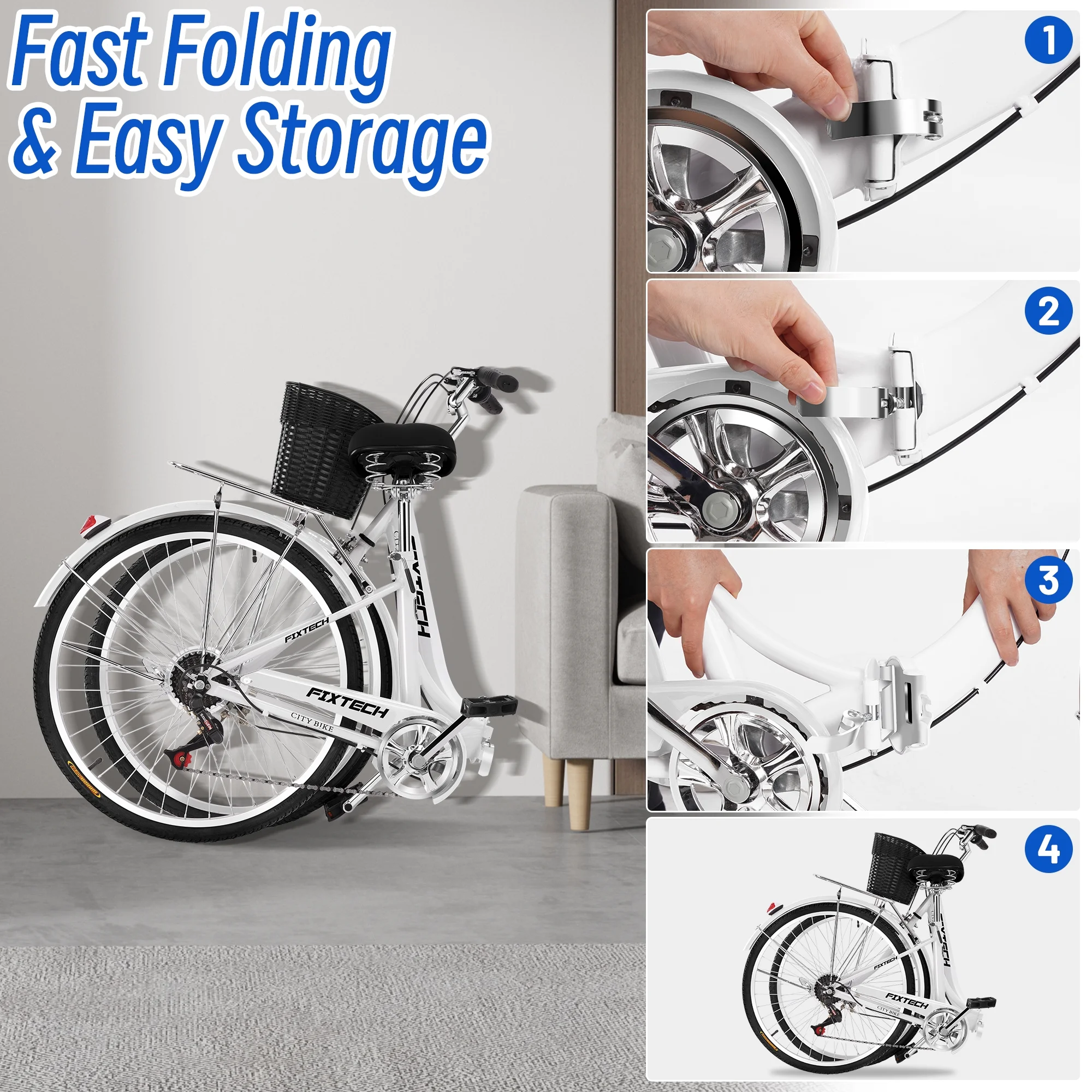 FIXTECH 26 Inch 7 Speed Foldable City Bike, Cruiser Bike, Carbon Steel Bicycle for Adults, White - Womvr