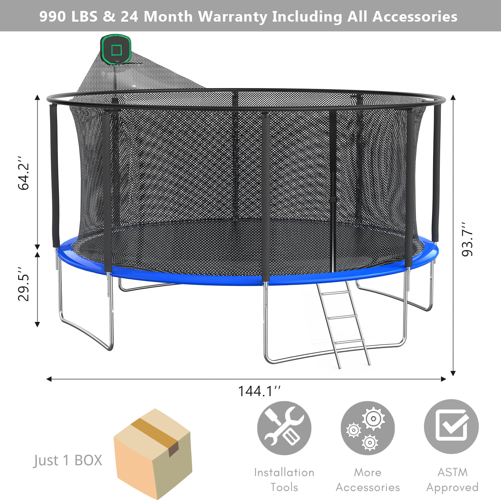 16FT Trampoline for 8-9 Kids Adults with Basketball Hoop, Ladder, Light, Sprinkler, Socks,Outdoor Heavy Duty Recreational Trampoline - Womvr
