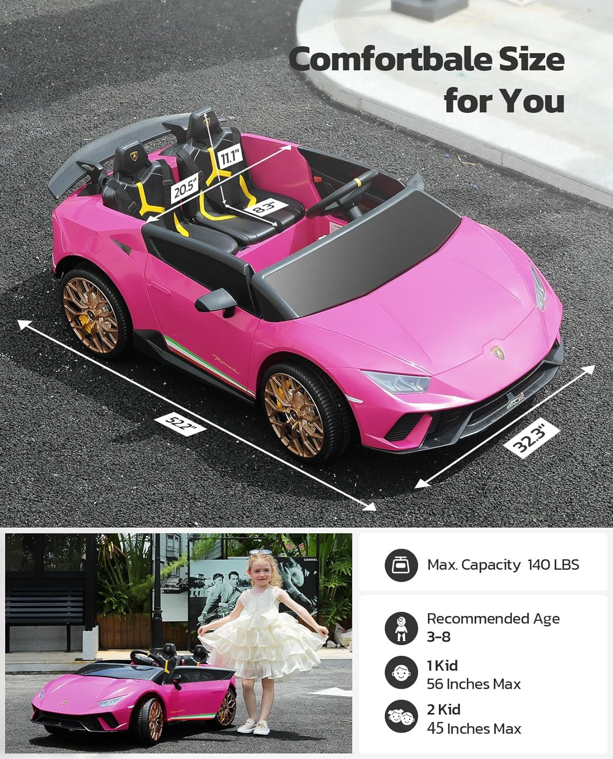 Lamborghini Huracan Ride on Car Real 2 Seater, Powered Electric Vehicle with Parent Remote, Maximum 4.0mph Ride on Toys for 3-8 Years Kids,Pink - Womvr
