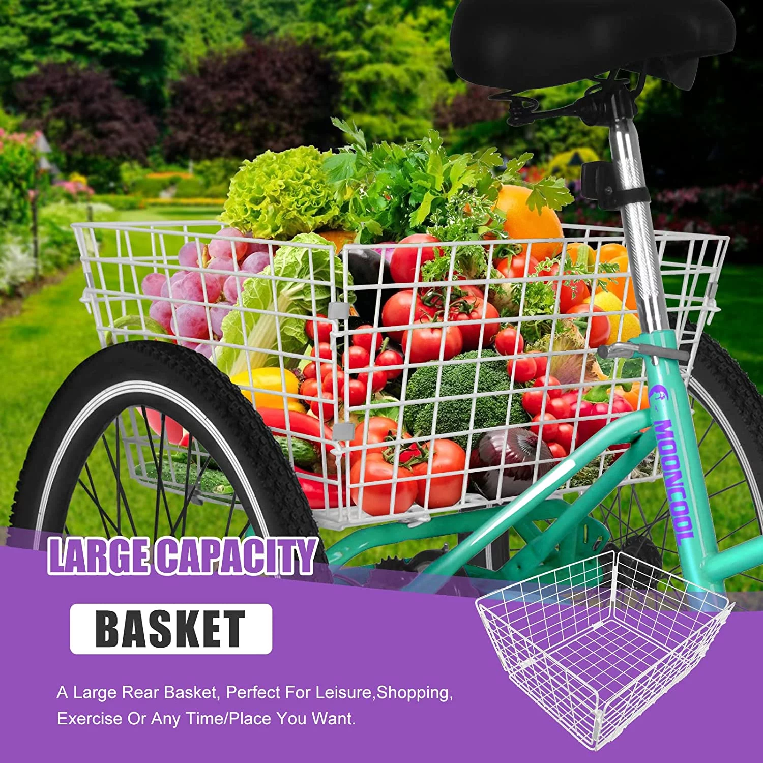 MOONCOOL Adult Folding Tricycle, 7 Speed 20/24/26 inch Adult Tricycles, Three Wheel Bike Cruiser Trike with Large Basket - Womvr