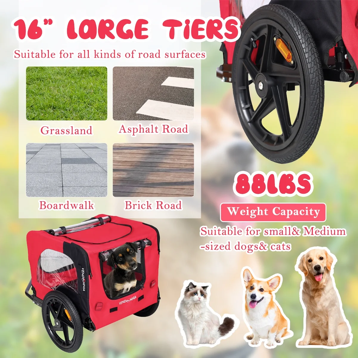 Best Bicycle Trailer for Pets Outdoor Foldable Dog Cycling Trailer with Reflectors and Safety Flag Bike Cargo Wagon Carrier w/Universal Hitch Red - Womvr