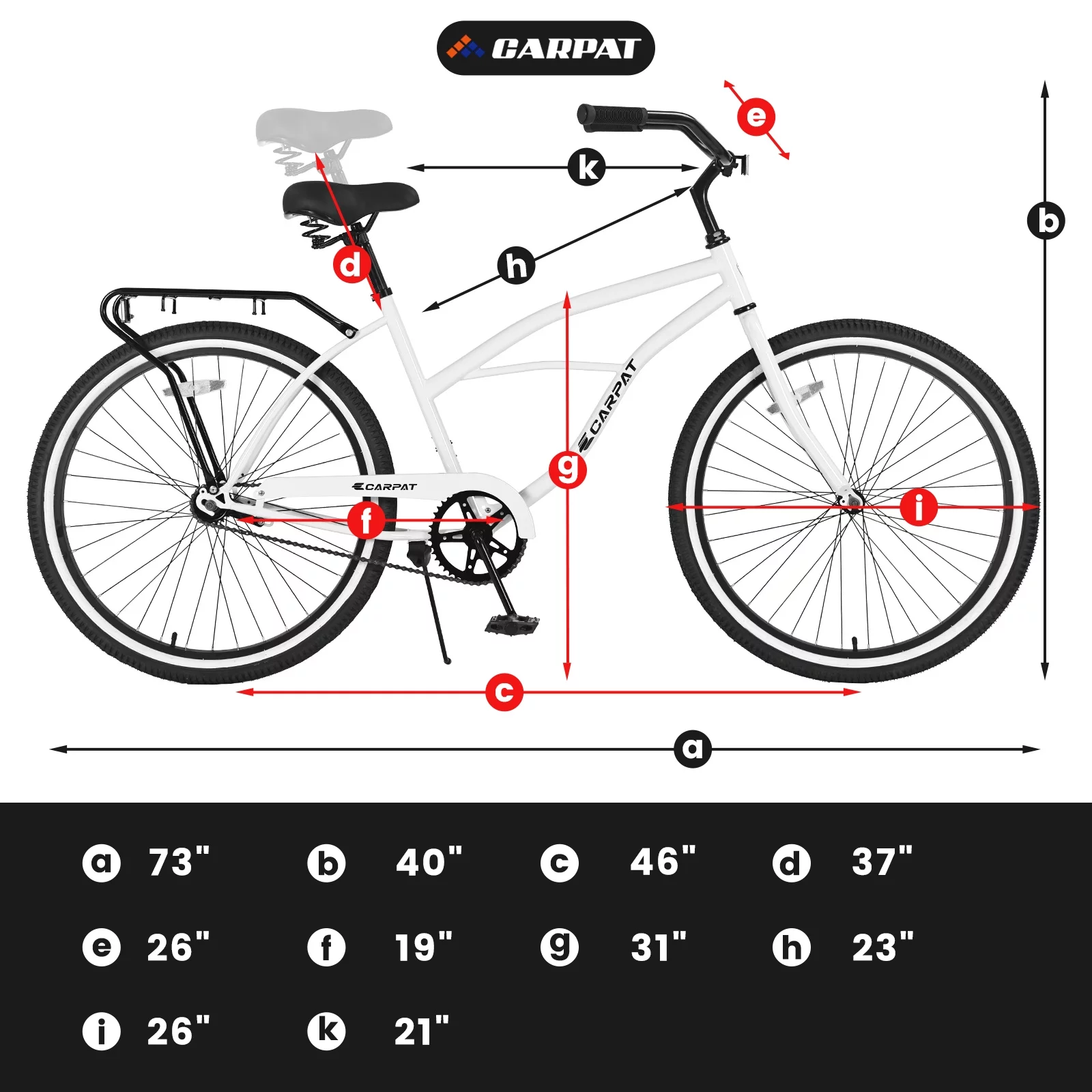 26in. Women's Beach Cruiser Bike with Rear Rack, Steel Frame Comfort Bicycle for Adult, White - Womvr