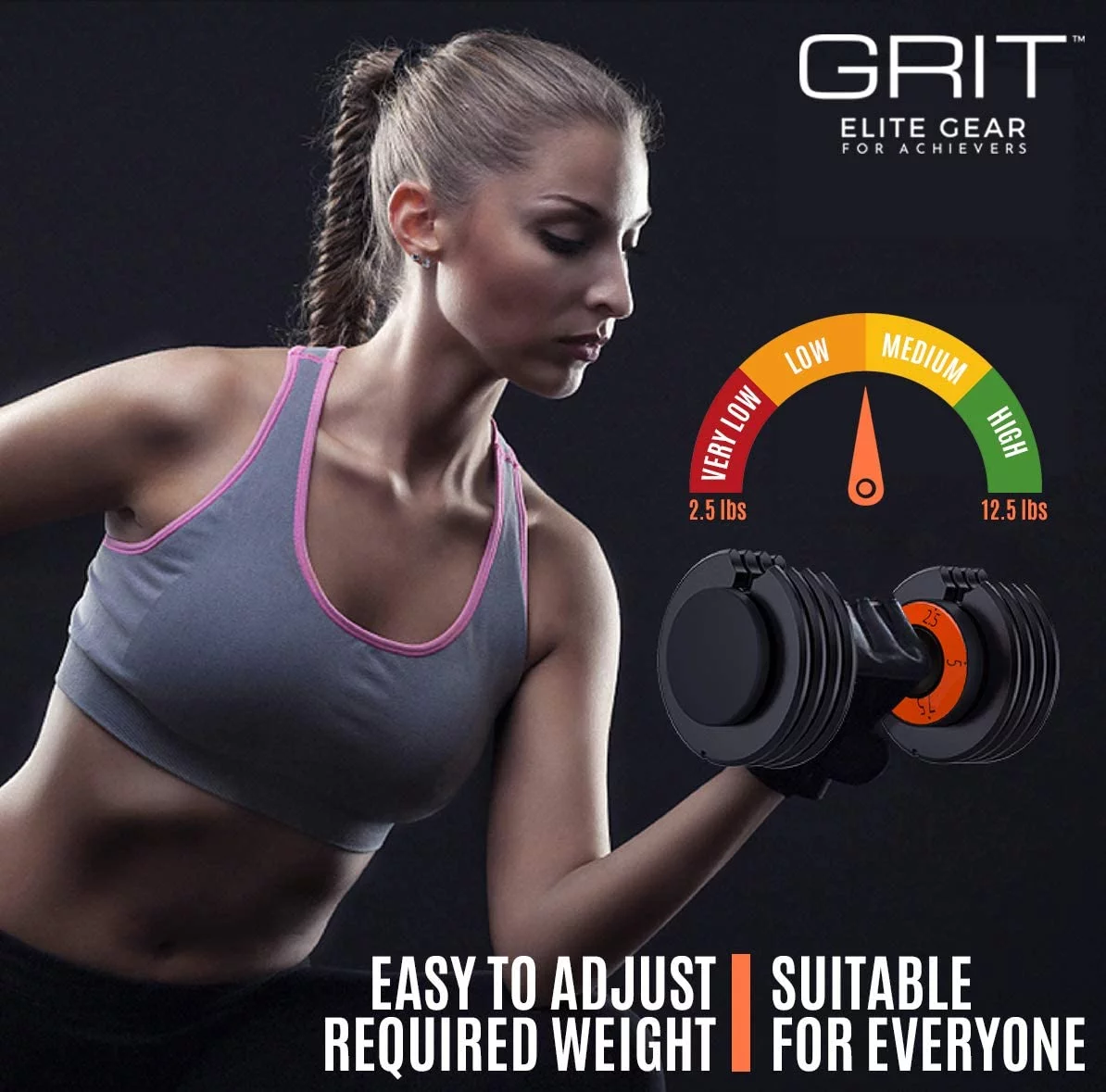 Grit Adjustable Dumbbells (Pair) - 2.5 to 12.5 lb - Fast Adjusting Weights with Tray for Men and Women - Womvr
