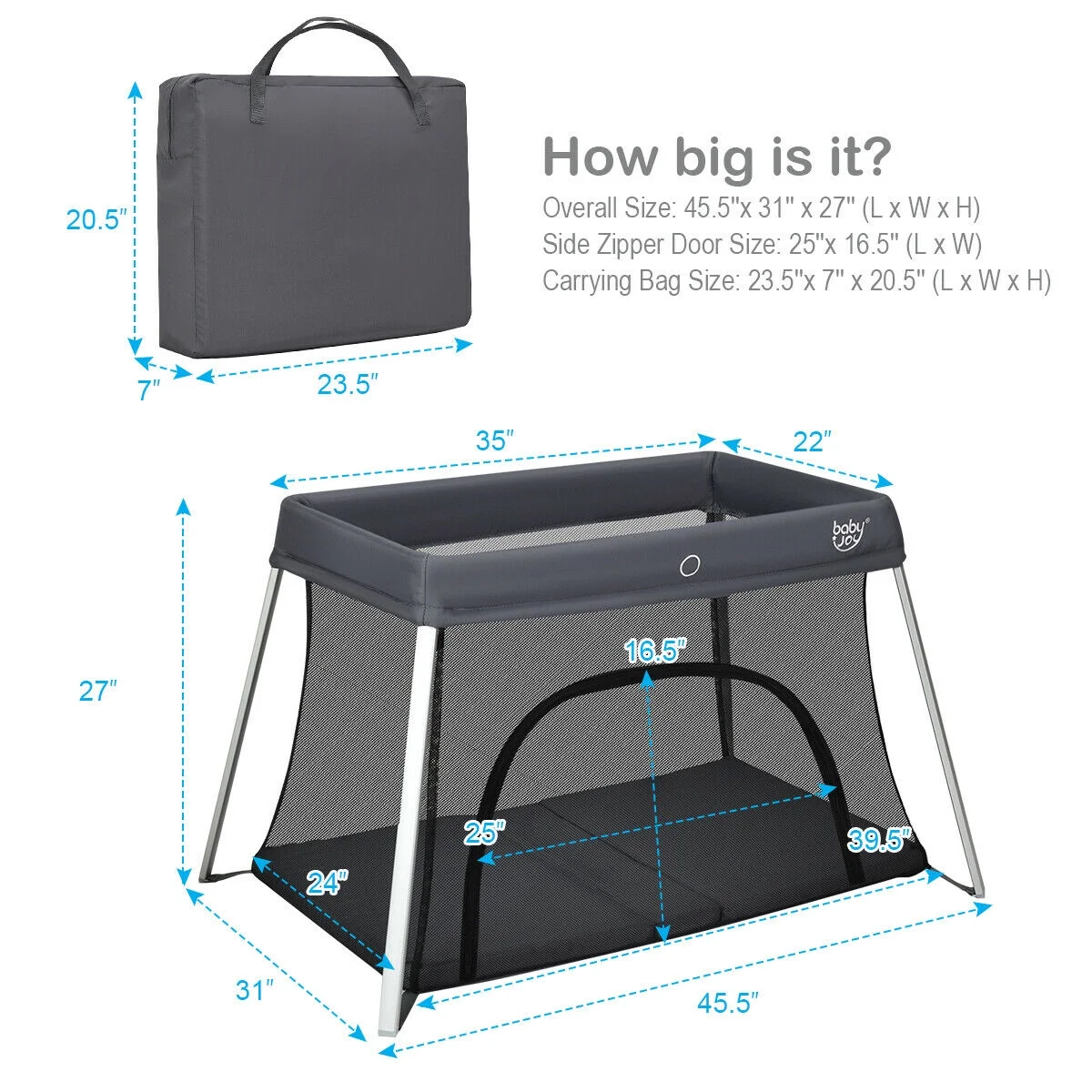 Gymax Foldable Baby Playpen Playard Lightweight Crib w/ Carry Bag For Infant Dark Gray - Womvr