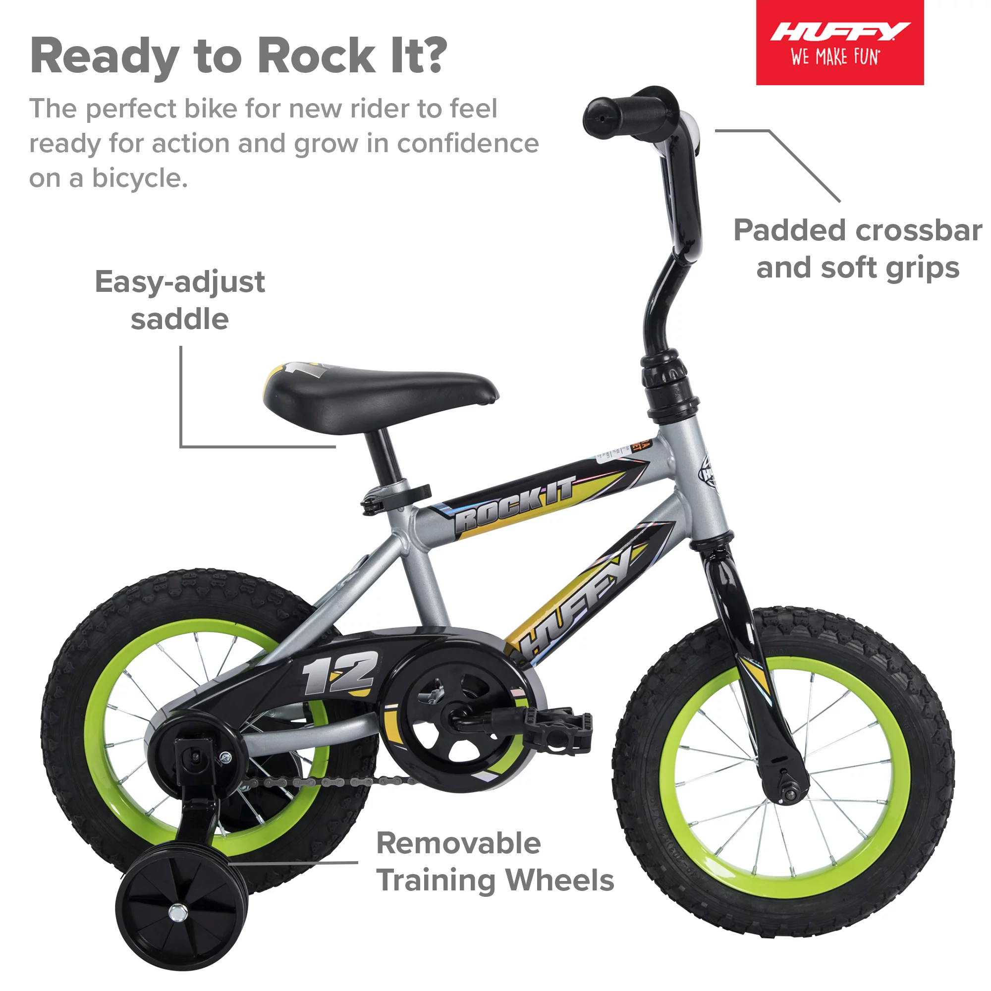 Huffy 12 in. Rock It Kids Bike, for Boys Ages 3 and up Years, Child, Grey Matte and Lime - Womvr