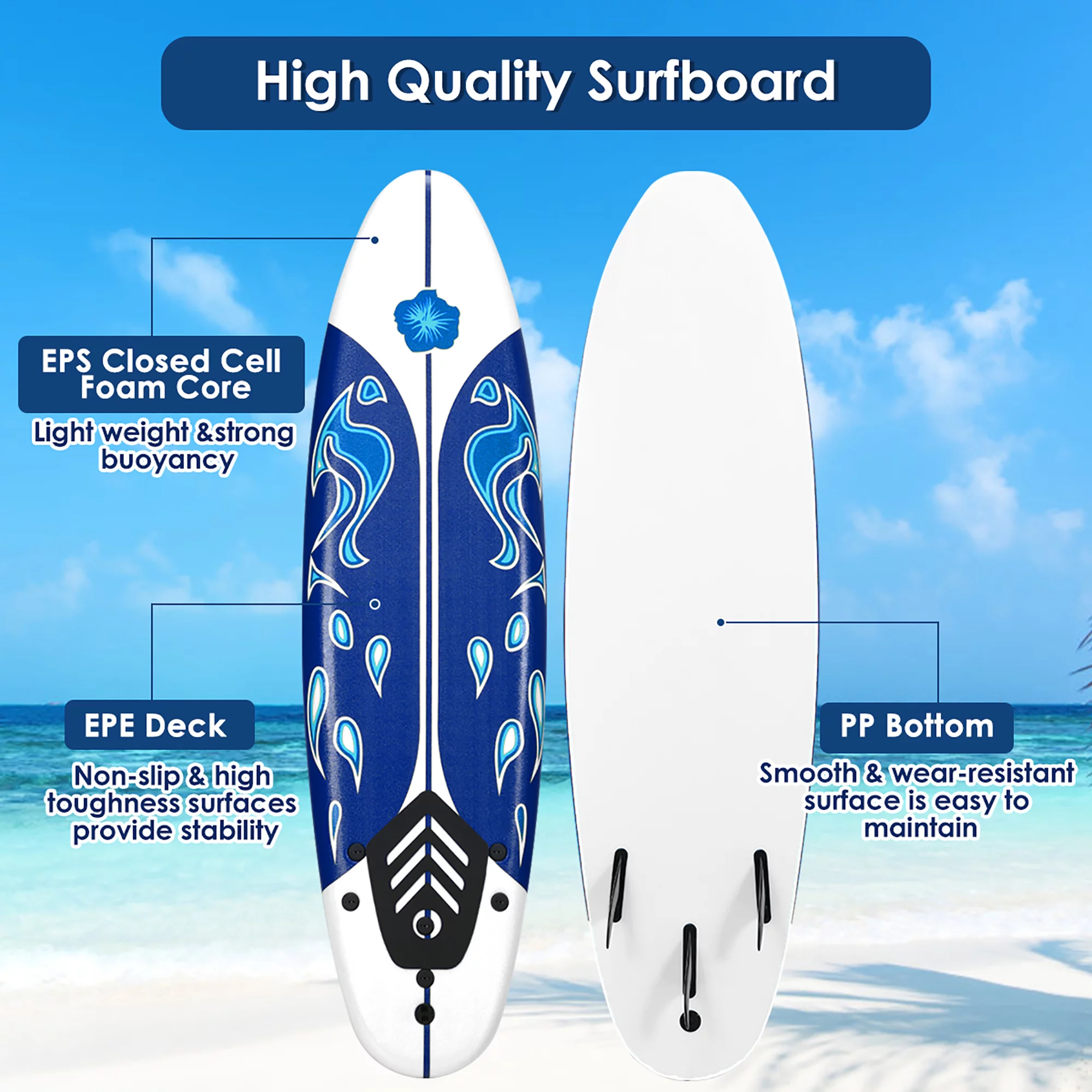 Costway 6' Surfboard Foamie Body Surfing Board W/3  Fins & Leash for Kids Adults Red - Womvr