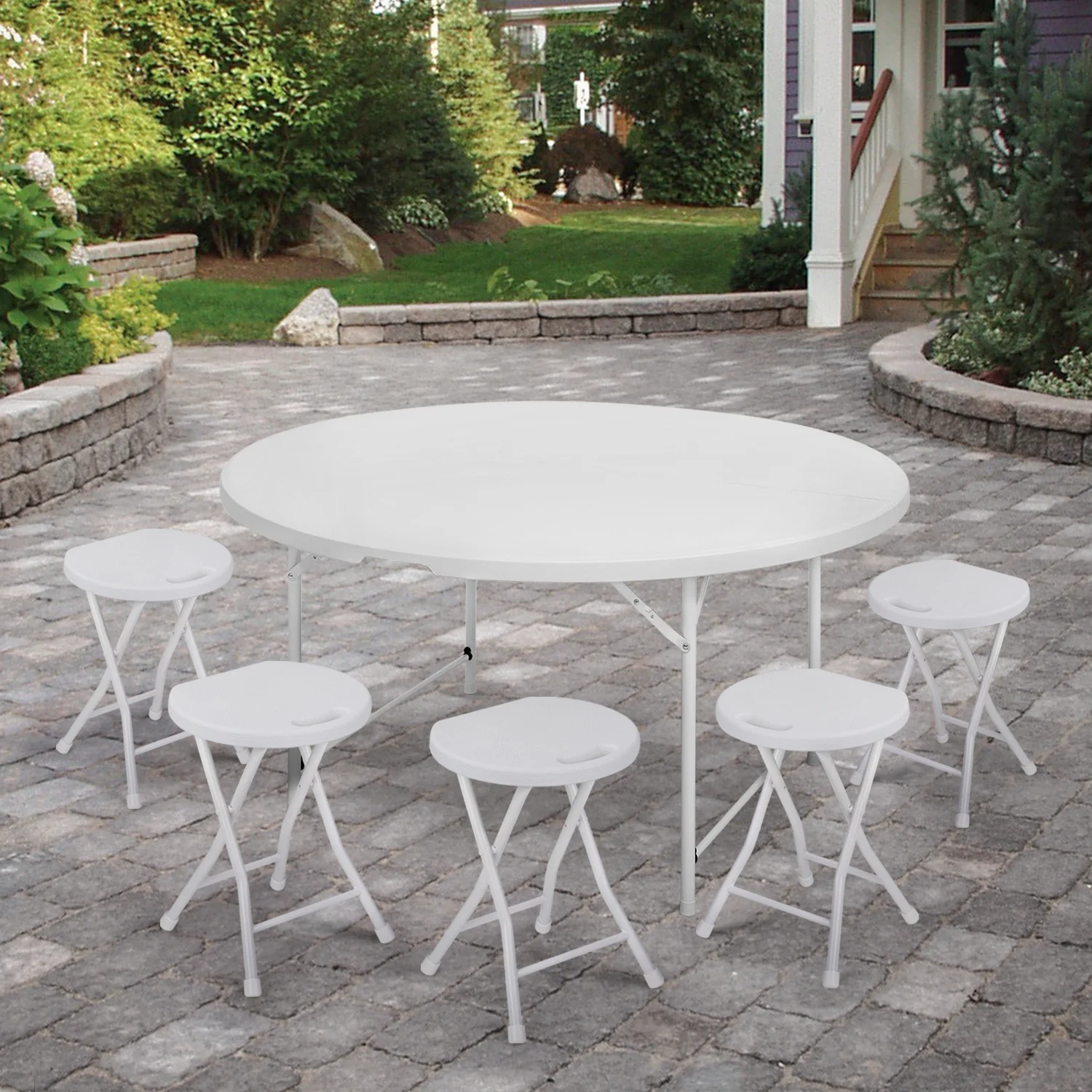 MoNiBloom 5 foot Round Bi-Fold Plastic Table, Metal Frame Indoor Outdoor 60 Inch Foldable Desk for Kitchen Party Wedding, Grey - Womvr