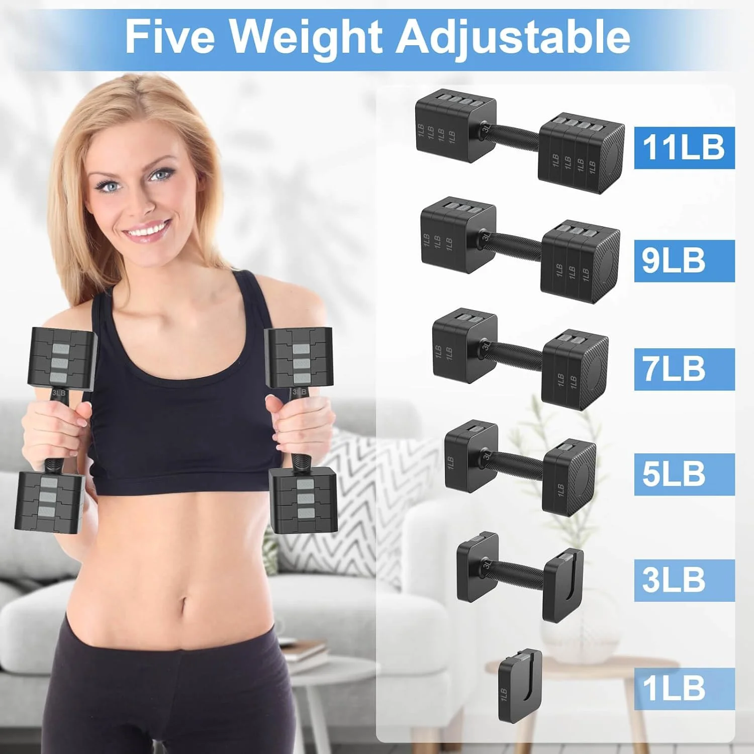 Adjustable Dumbbells Set of 2, Hand Weights Sets with 5 Levels 3lb, 5lb, 7lb, 9lb, 11lb, Adjustable Weight Dumbbells for Women/Men Home Gym Full Body Workout - Womvr