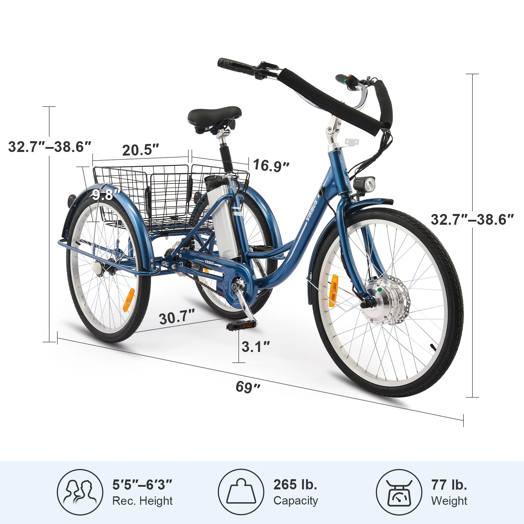 VIRIBUS 24 Inch Adult Trike 350W Dual Chain Electric Tricycle 36V 10Ah Navy - Womvr