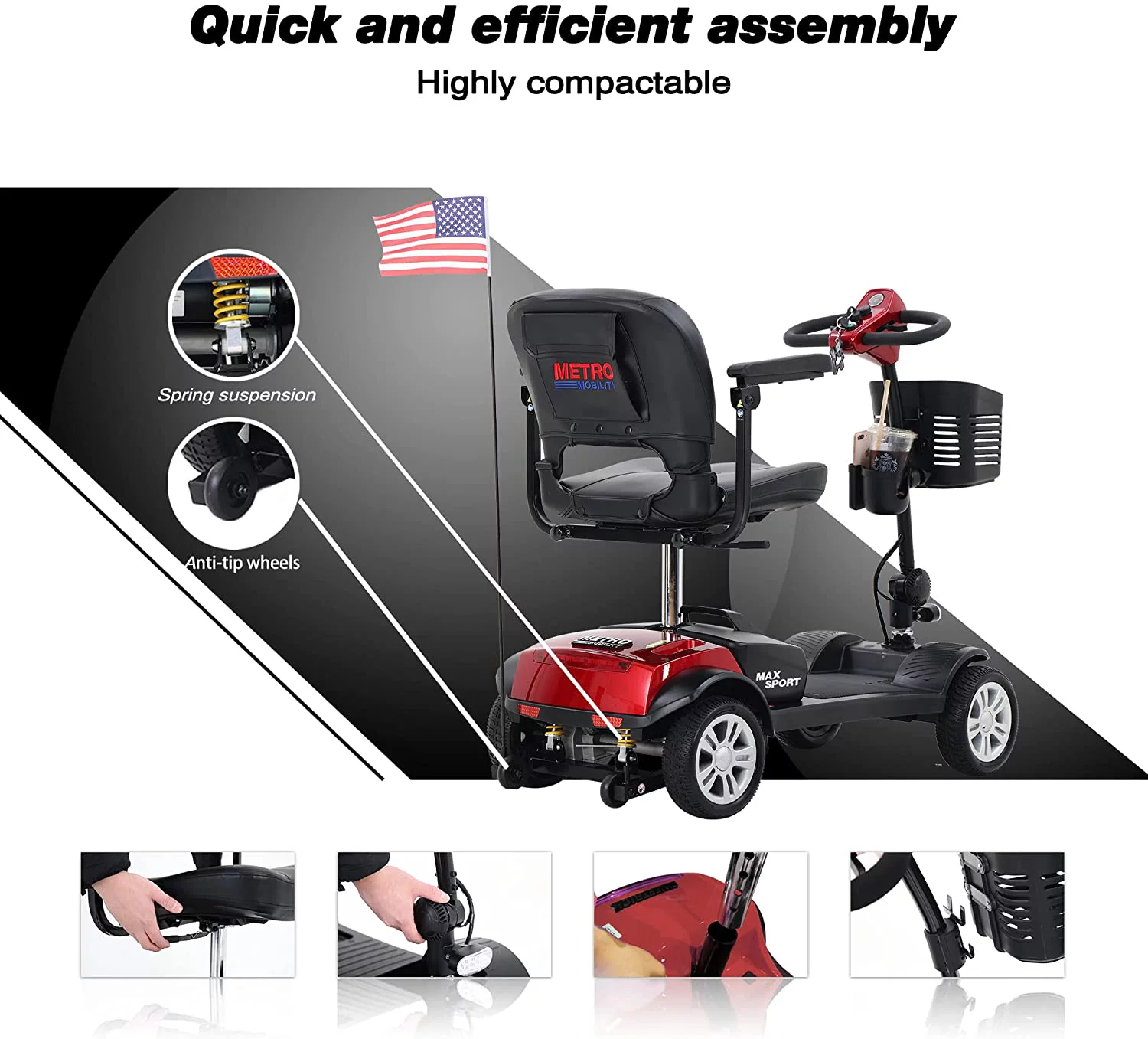 4 Wheel Mobility Scooters- Folding Electric Powered Wheelchair Device for Seniors Adults Elderly, Collapsible and Compact Heavy Duty Mobile for Travel with Basket (MAX Sport RED) - Womvr