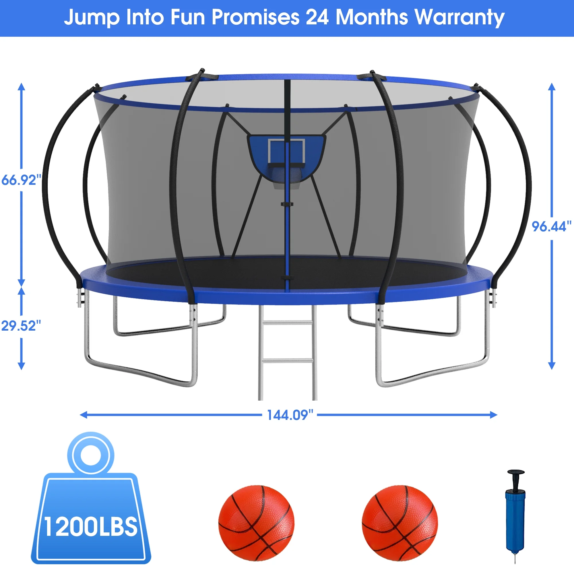 Jump Into Fun Trampoline 12FT 14FT, Trampoline with Enclosure, Basketball Hoop, 2 Balls, LED Light, Sprinkler and Socks, 1400LBS Trampoline for 1-2 Adults/ 4-5 Kids, Outdoor No Gap Design Trampoline - Womvr