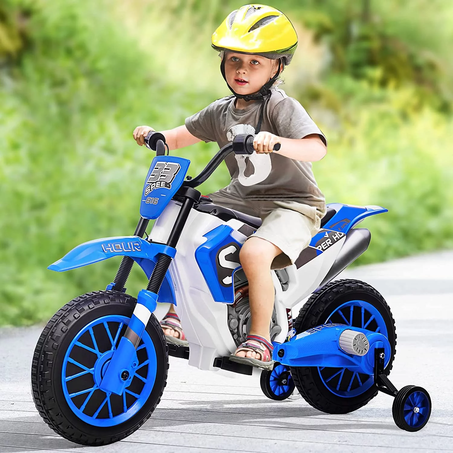 TOBBI 12V Kids Motorcycle off- Road Ride on Dirt Bike W/ Training Wheels, Age 3-8 Toddlers, Green - Womvr