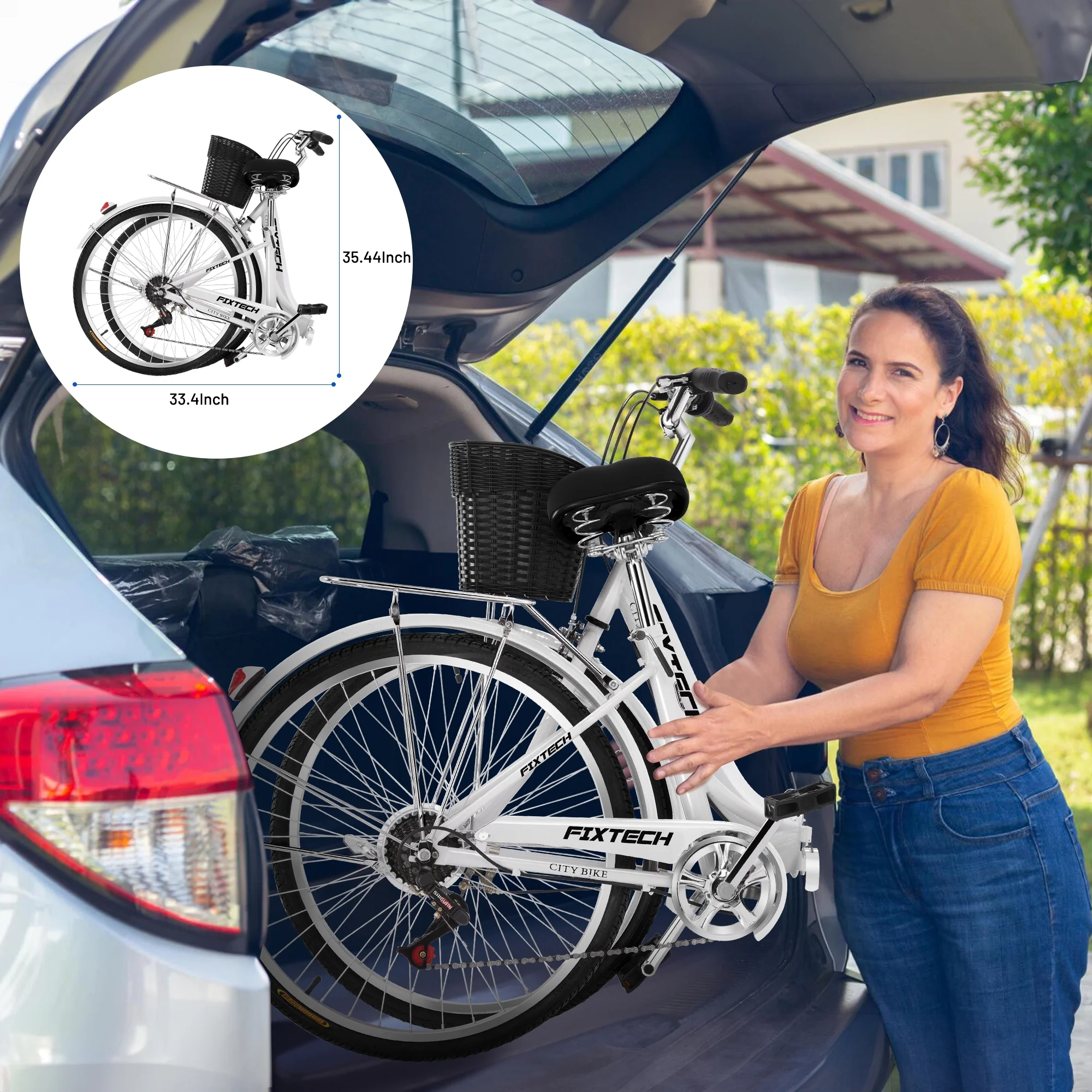 FIXTECH 26 Inch 7 Speed Foldable City Bike, Cruiser Bike, Carbon Steel Bicycle for Adults, White - Womvr