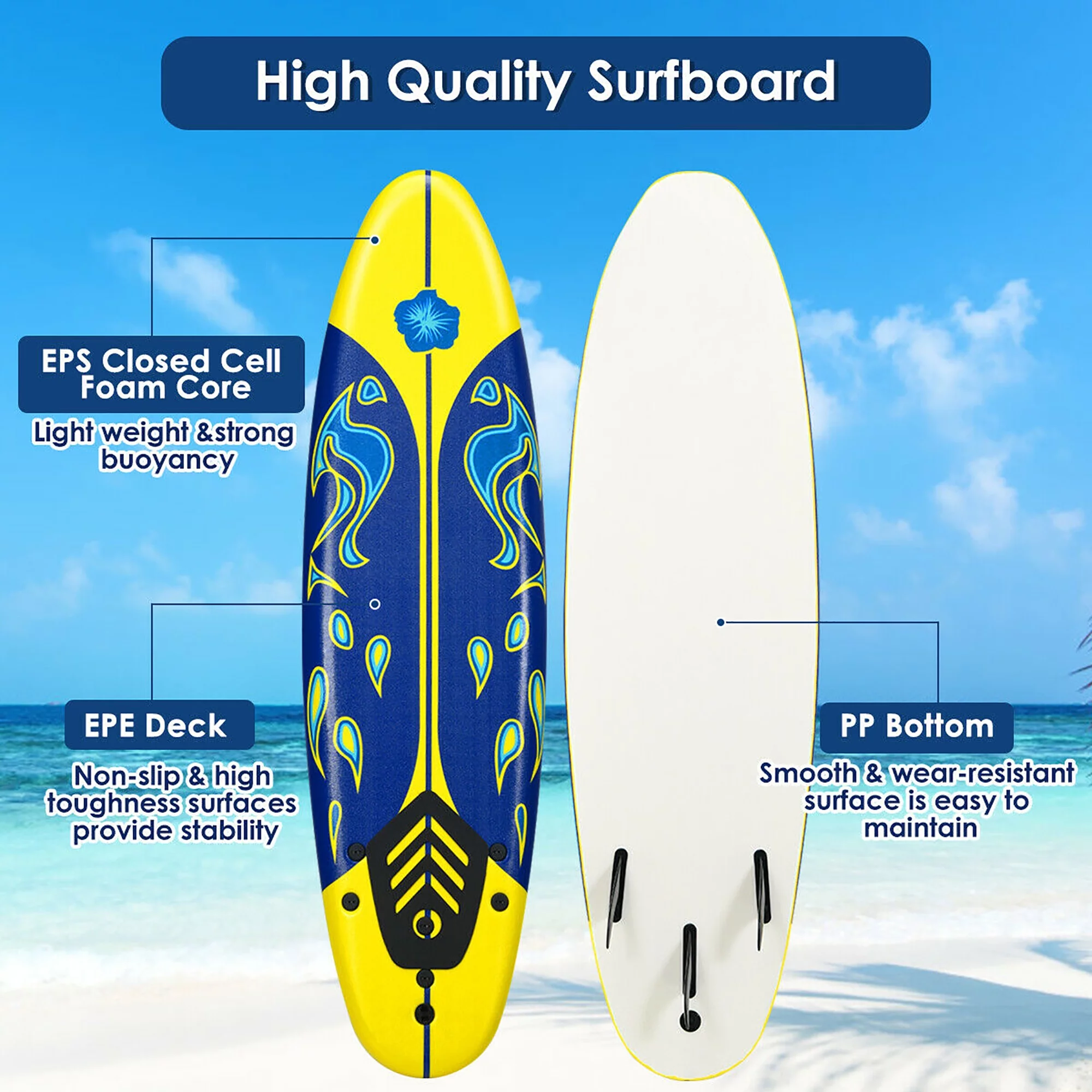 Costway 6' Surfboard Foamie Body Surfing Board W/3  Fins & Leash for Kids Adults Red - Womvr