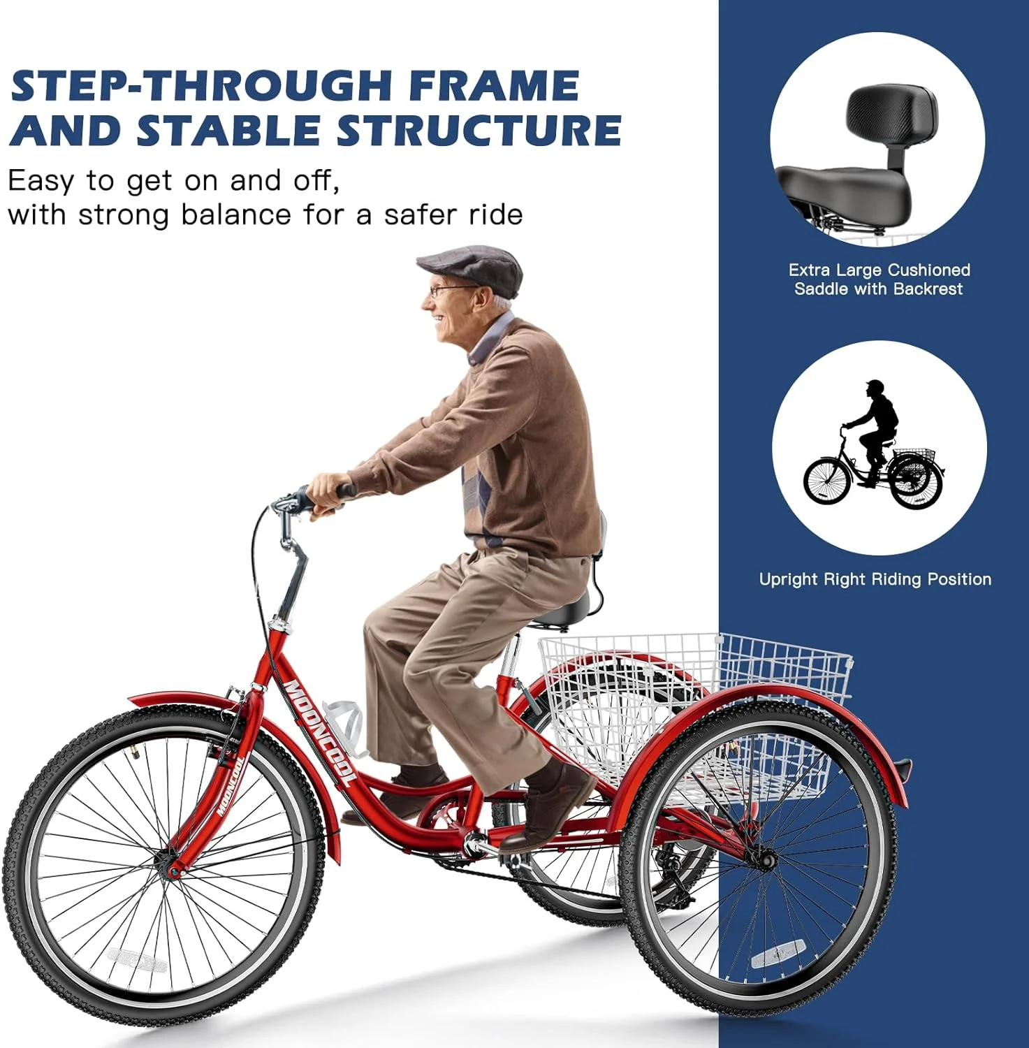 MOONCOOL Adult Tricycles with Rear Basket, 24 26 inch 7 Speed 3 Wheel Bikes, Three-Wheeled Bicycles Adult Trike with Backrest for Seniors, Women, Men - Womvr