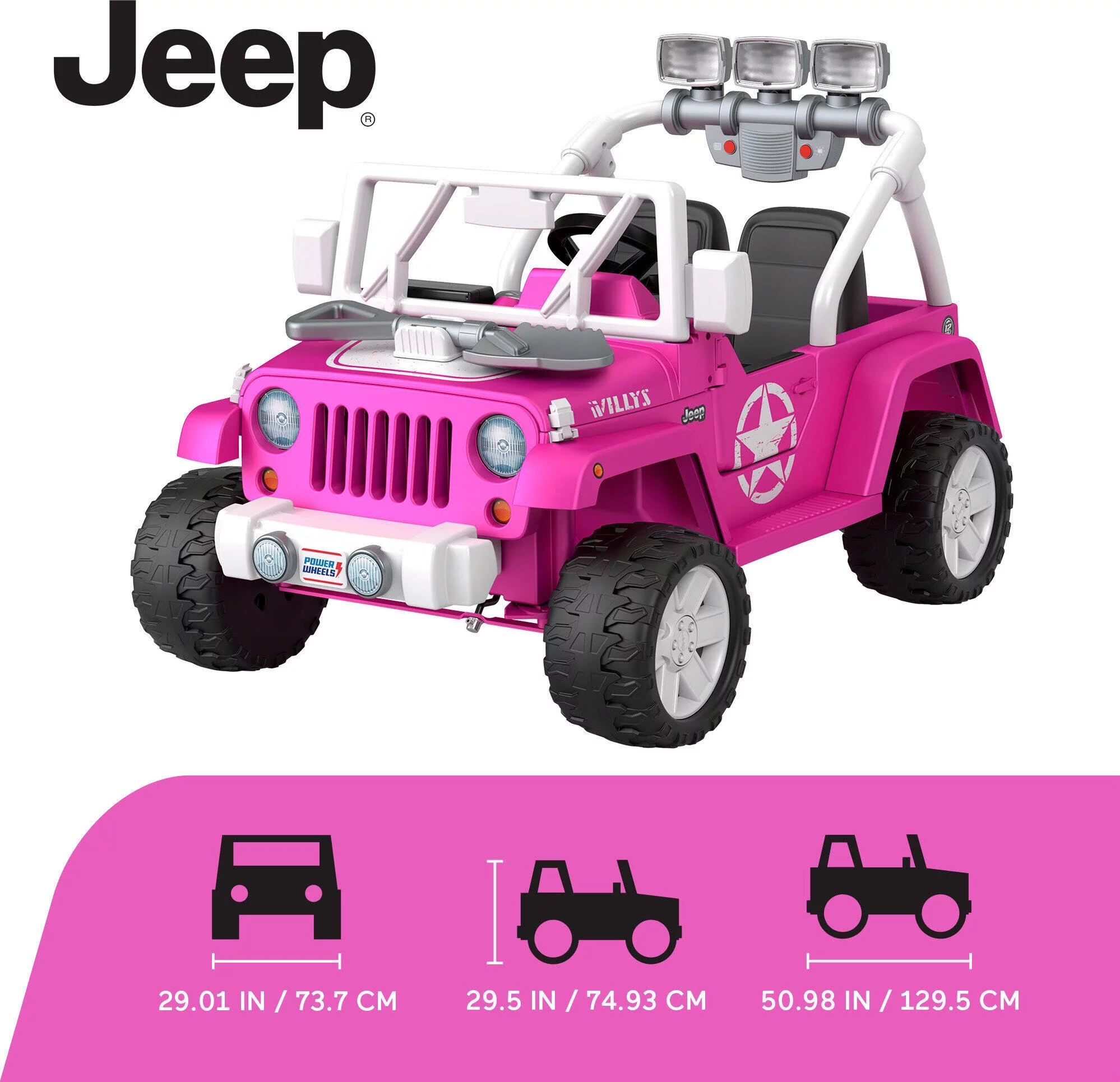 12V Power Wheels Jeep Wrangler Willys Battery-Powered Ride-On Vehicle with Lights & Sounds, Black - Womvr