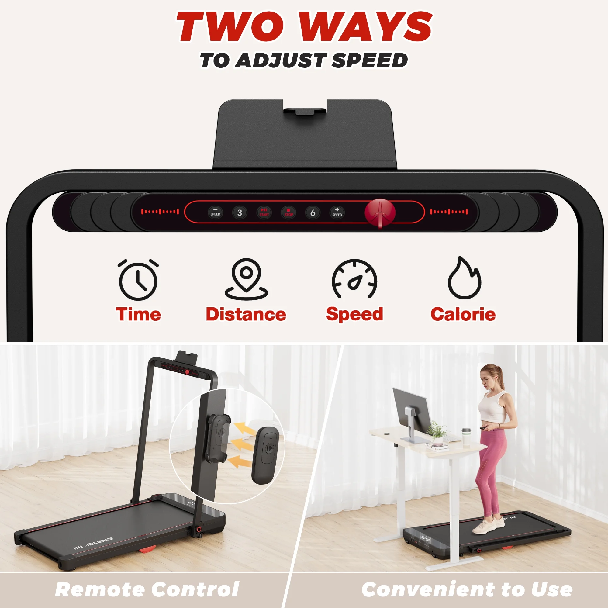 JELENS 2 in 1 Treadmill, 2.5HP Walking Pad Folding Treadmill with Remote Control and LED Display, Portable Under Desk Treadmill for Home Office with 265lbs Weight Capacity - Womvr