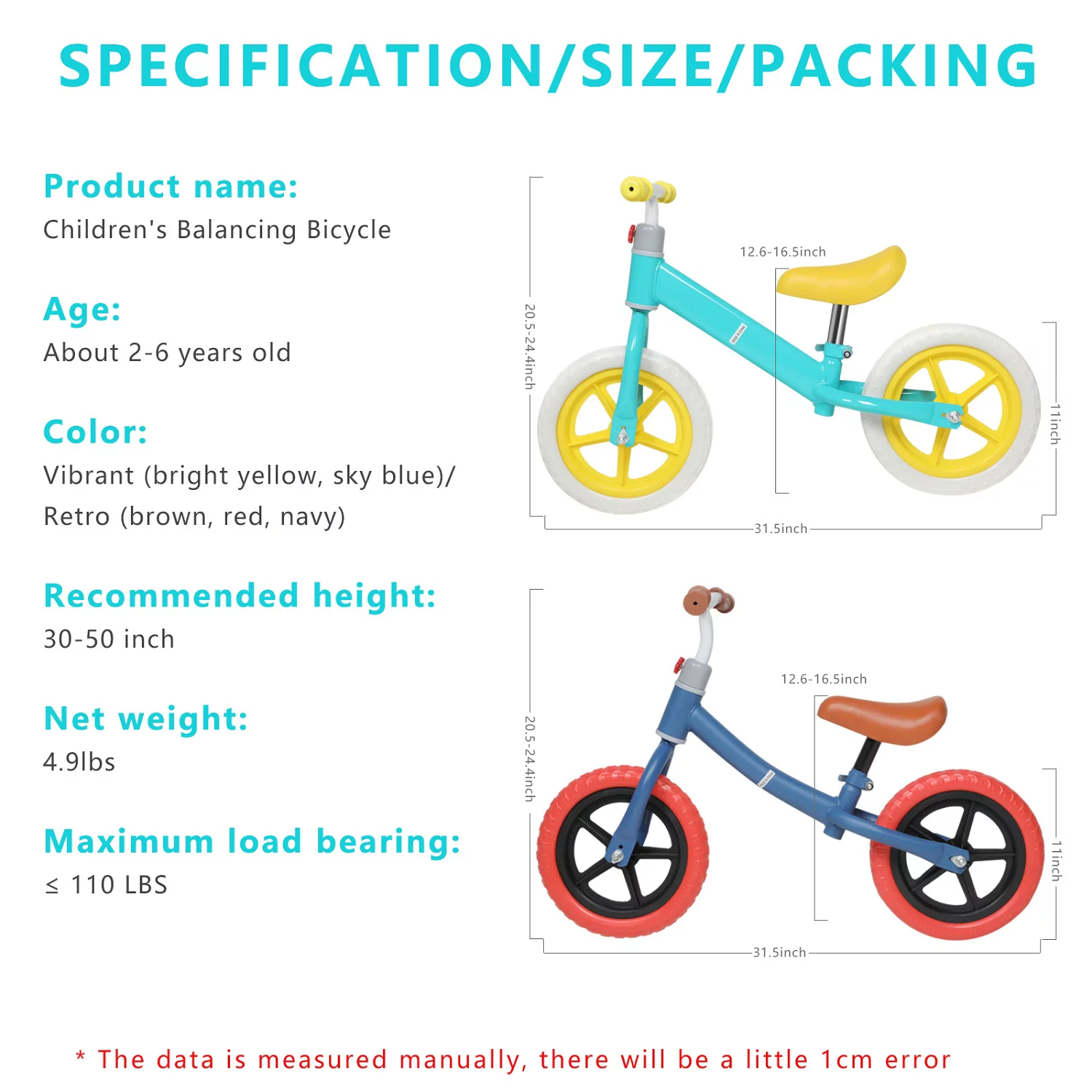 Kumji Balance Bike for 2-6 years Old Kids, 11'' Cute Balance Trainer, No Pedal Bikes for Kids , Training Bike, Adjustable Height Carbon Steel & PE Tires - Womvr