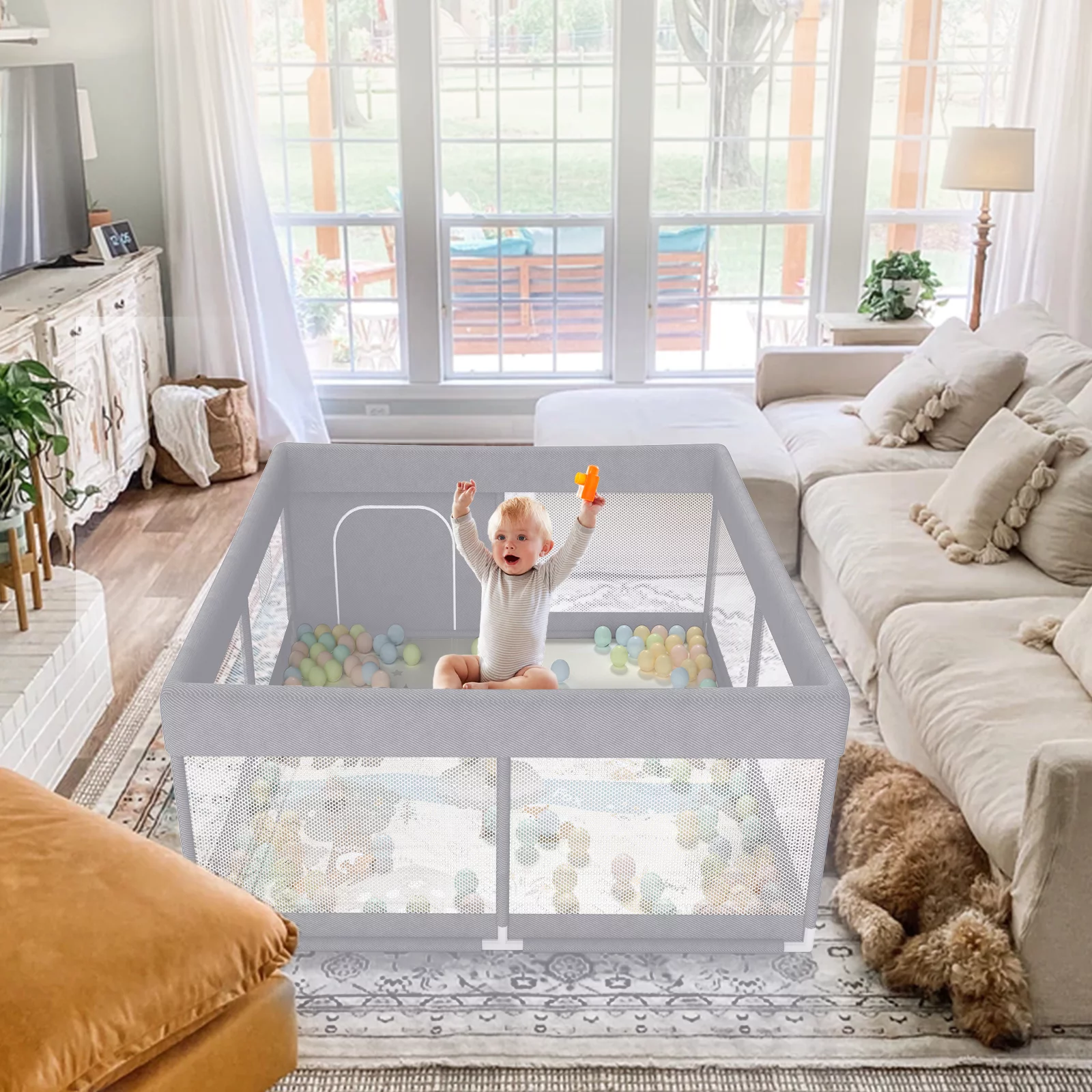 Pkinoicy 47x47inch Play Pen with Mat for Babies and Toddlers, Playpen with Mat, Baby Playpen with Mat, mall Baby Playpen with Mat - Womvr