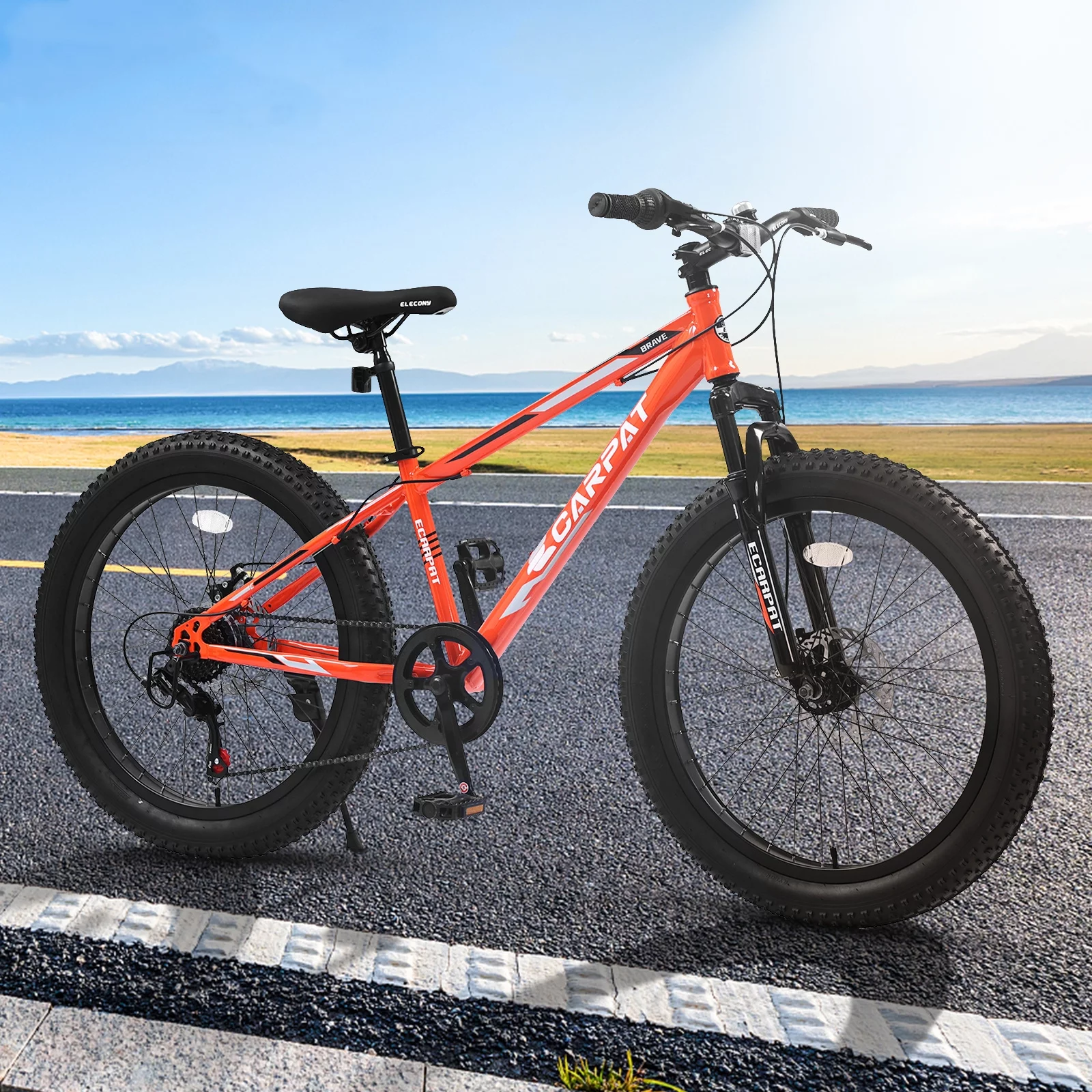 24 inch Fat Tire Bike, Shimano 7-Speed, Dual-Disc Brakes, Orange Trail Mountain Bike for Adult/Youth - Womvr