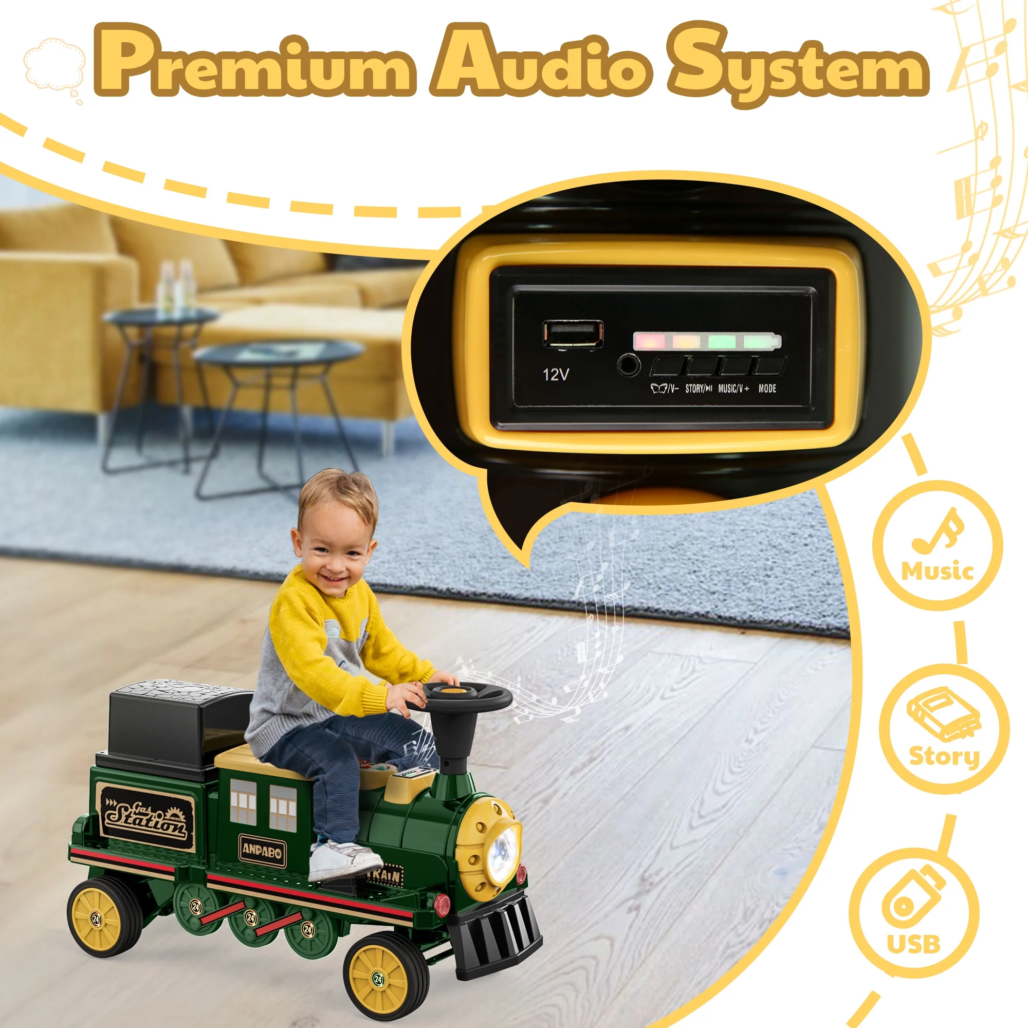 TOKTOO 12Volt 2 Seater Kids Ride on Train W/ Rubber Wheels, Storage Box, LED Headlight, Music Player-Black Red - Womvr