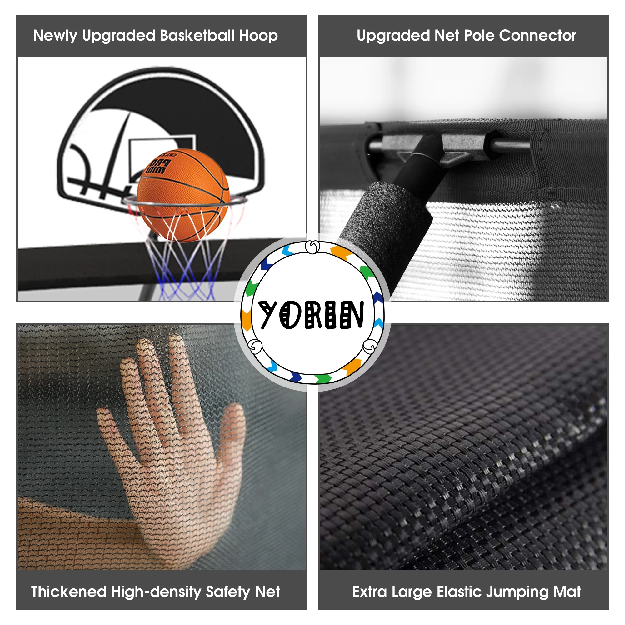 YORIN Trampoline for 2-3 Kids, 8FT 10FT Trampoline for Adults with Enclosure Net, Basketball Hoop, Ladder, 800LBS Outdoor Recreational Trampoline with Light, Sprinkler, Socks, Heavy Duty Trampoline - Womvr