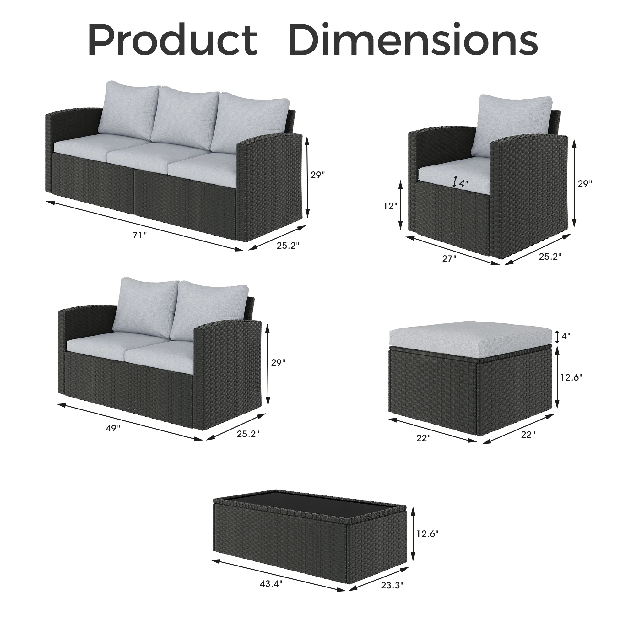 Royalcraft 10 Pieces Patio Furniture Set, All Weather PE Wicker Rattan Outdoor Sectional Sofa, Outdoor Sectional Sofa for Lawn Backyard Poolside Porch Garden, Grey - Womvr