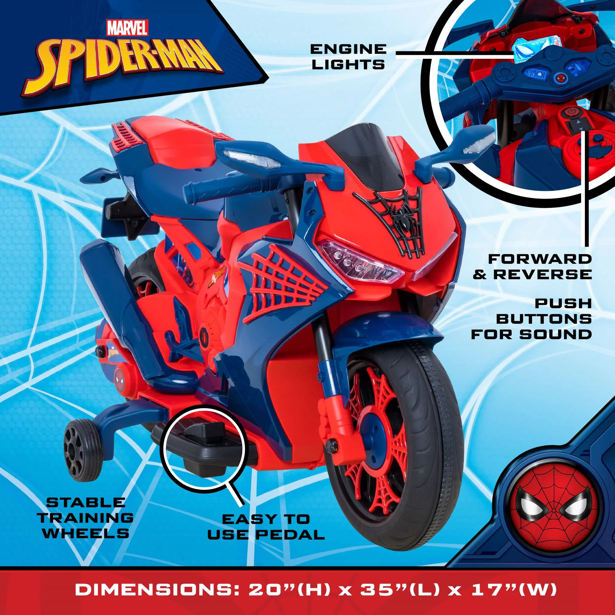 Spiderman 6V Motorcycle Ride On, for Kids, Ages 3+, Rechargeable Battery, up to 65lbs - Womvr