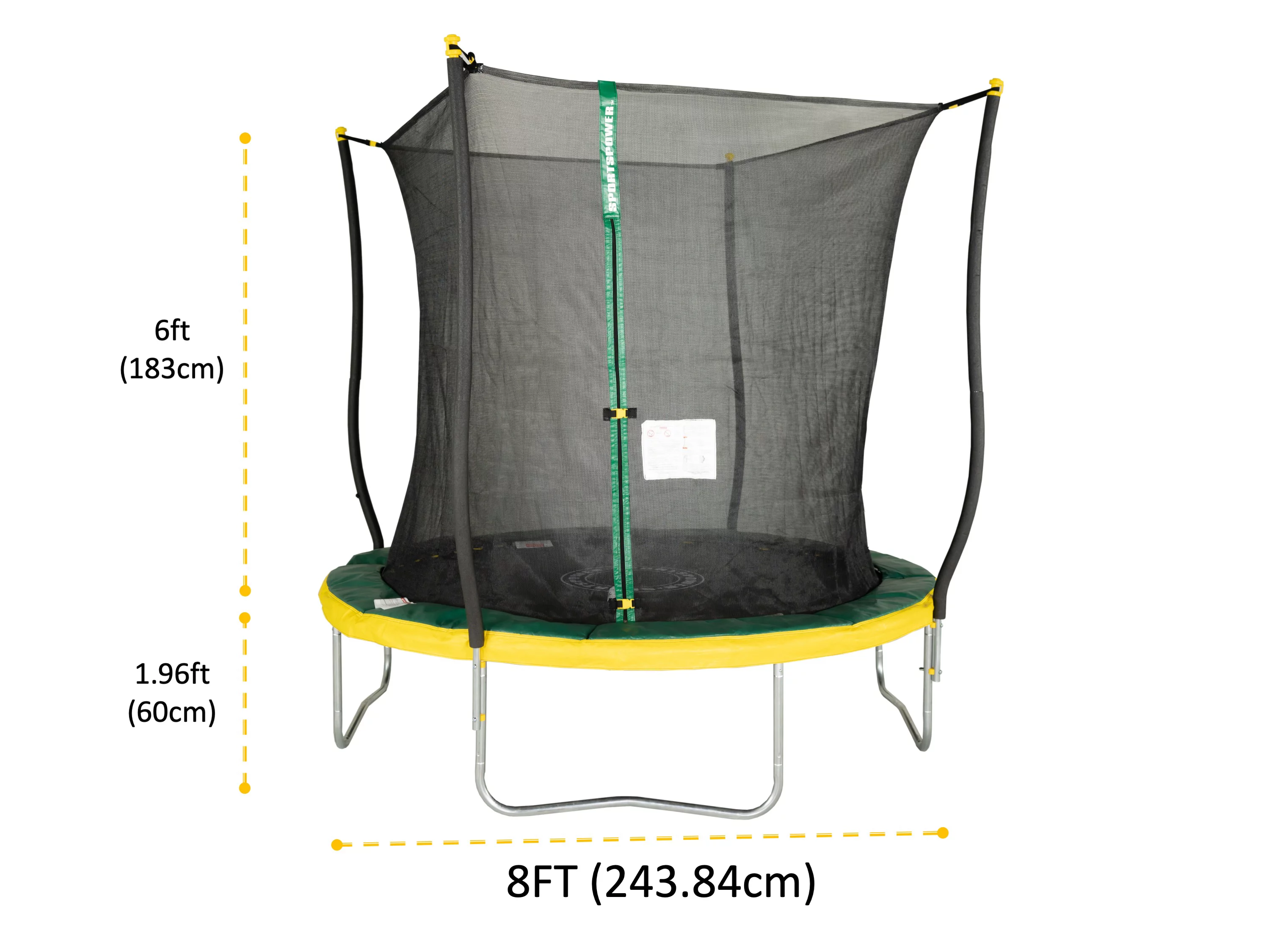 Bounce Pro 8' Trampoline, Flash Light Zone, Classic Safety Enclosure, Green/Yellow - Womvr
