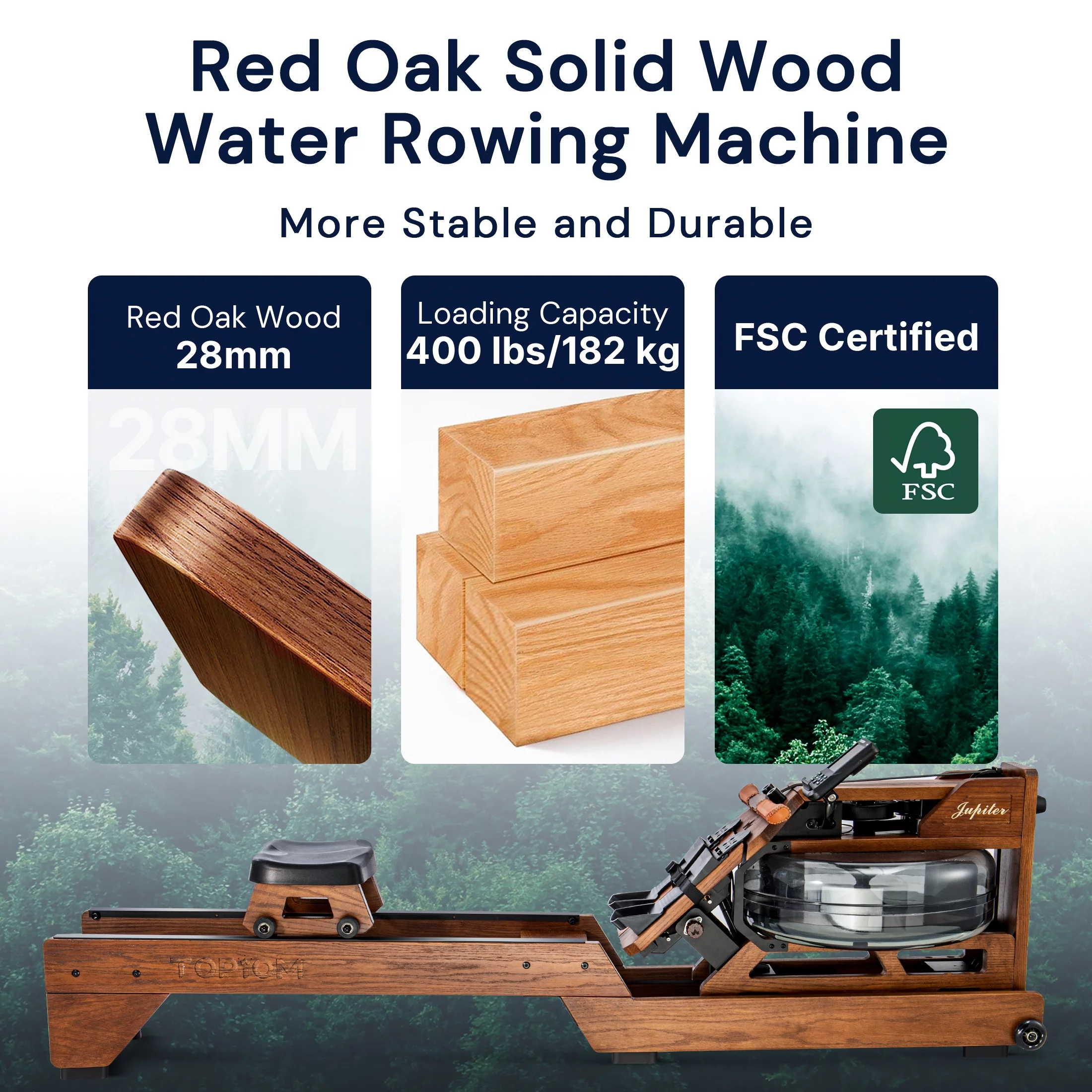 TOPIOM Rowing Machine Oak Wood 400lbs Max Load, Water rowing machine for home use with TM3 Monitor - Womvr