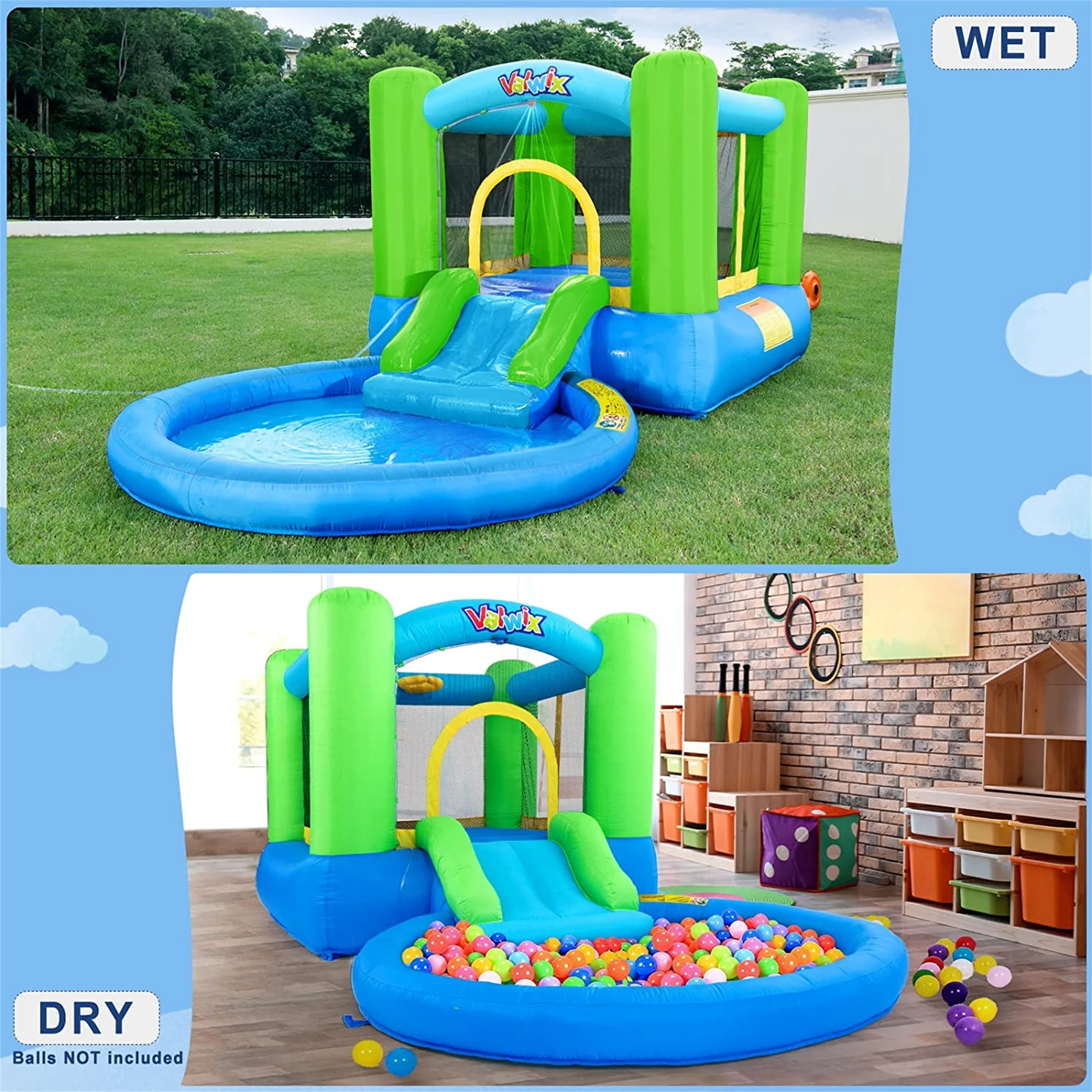Valwix Inflatable Bounce House with Blower, Bouncy Castle w/ Waterslide & Pool for Wet Dry Combo, Bouncer w/ Repair Kits, Fun Bounce Area with Basketball Hoop - Womvr