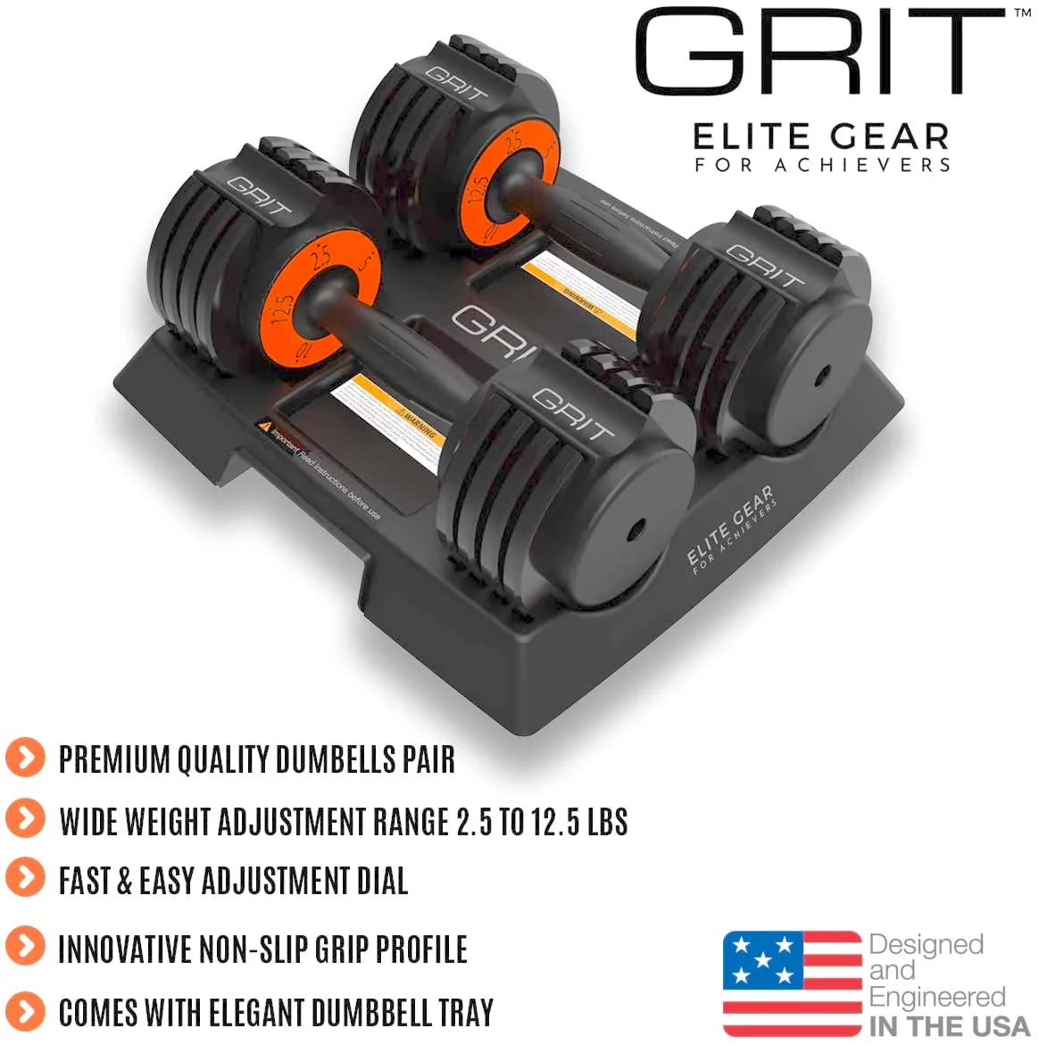 Grit Adjustable Dumbbells (Pair) - 2.5 to 12.5 lb - Fast Adjusting Weights with Tray for Men and Women - Womvr