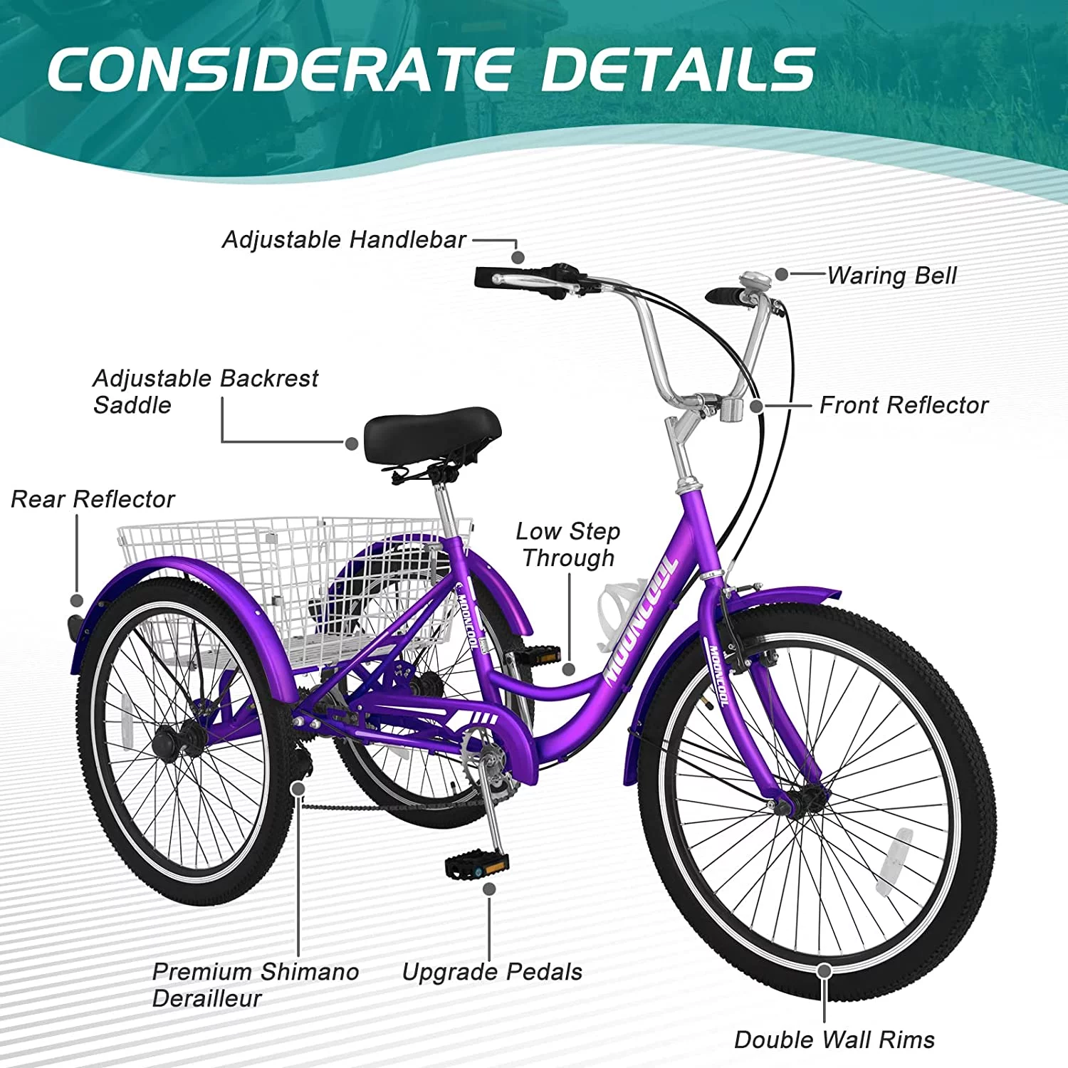 Docred Adult Tricycle 7 Speed 24 Inch Three Wheel Bike Cruiser Trike for Men/Women/Seniors - Womvr