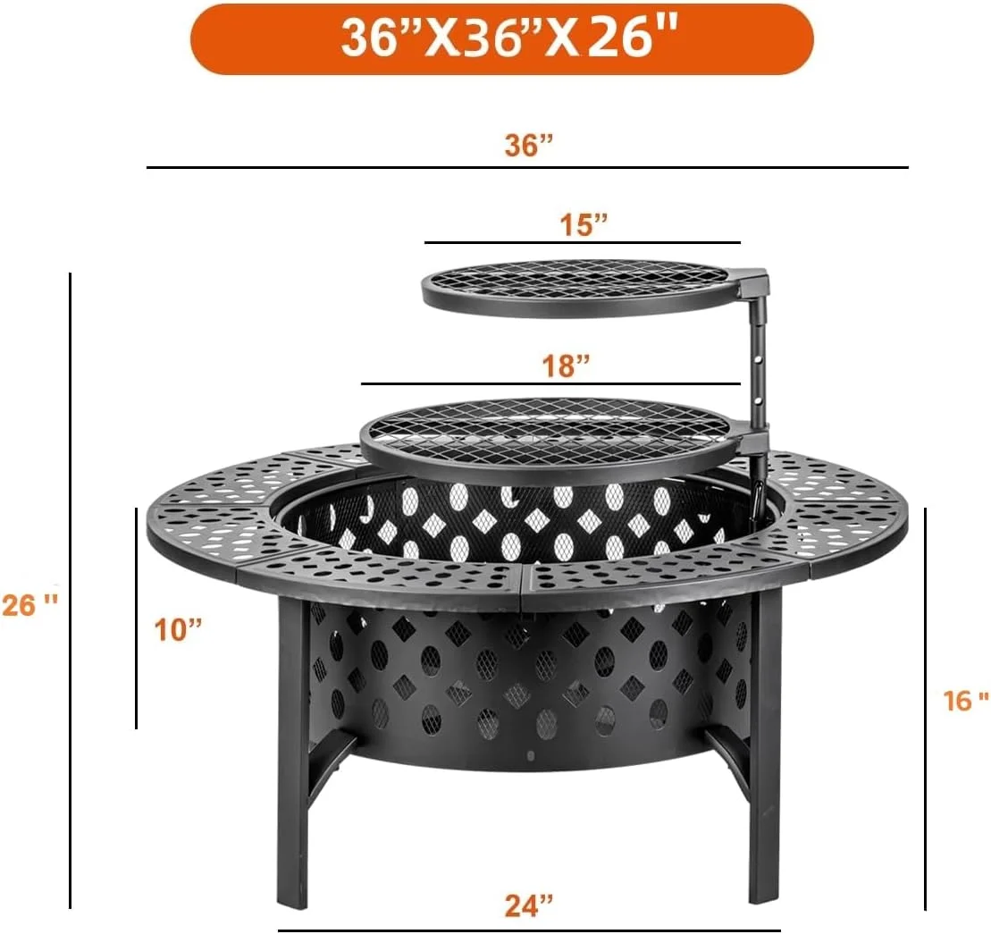 36 Inch Fire Pit with 2 Grills, Wood Burning Fire Pits for Outside with Lid, Poker and Round Waterproof Cover, BBQ& Outdoor Firepit & Round Metal Table 3 in 1 for Patio, Picnic, Party - Womvr