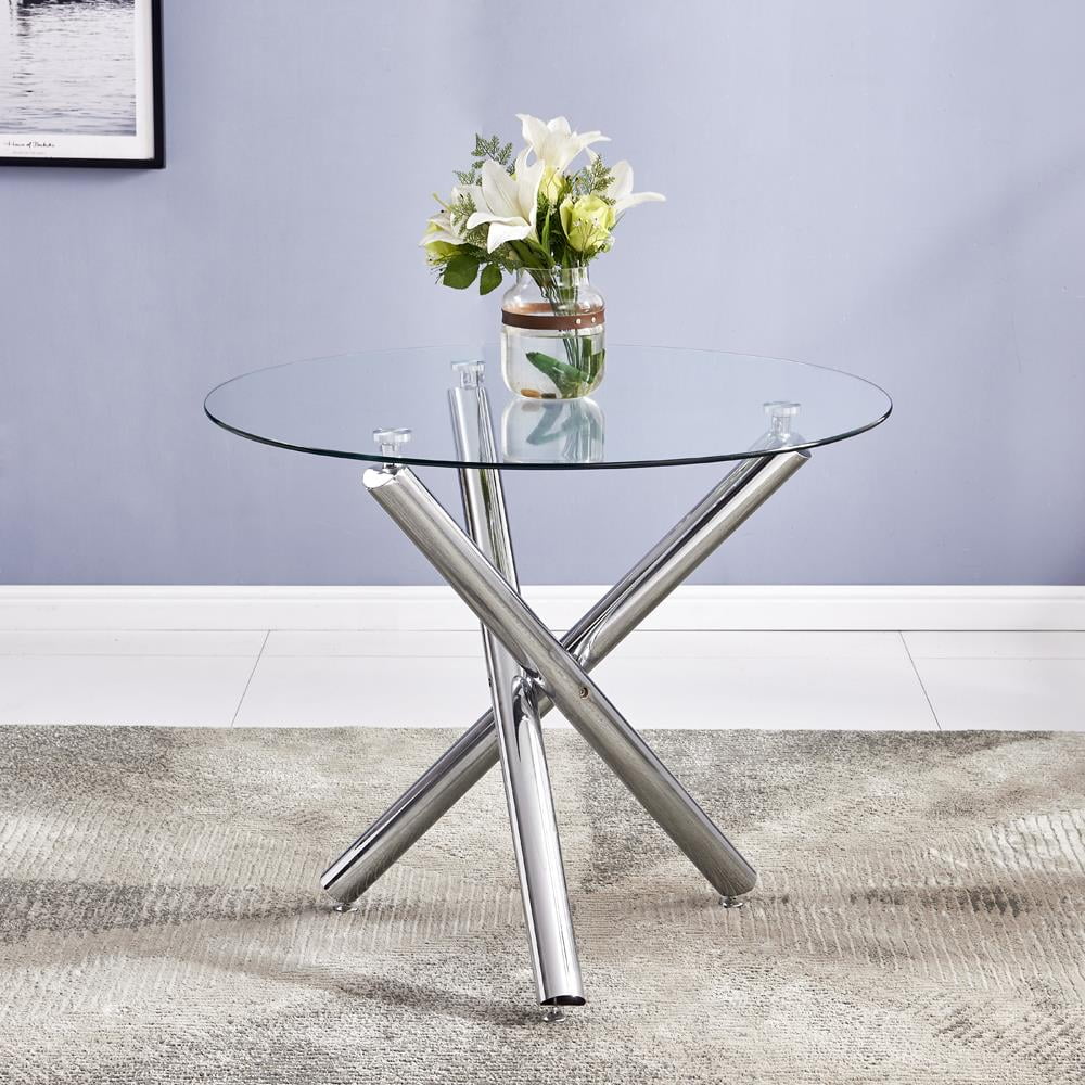 Ktaxon 5 Piece Round Dining Table Set, Modern Kitchen Table and Chairs for 4 Person Clear Tempered Glass Top - Womvr