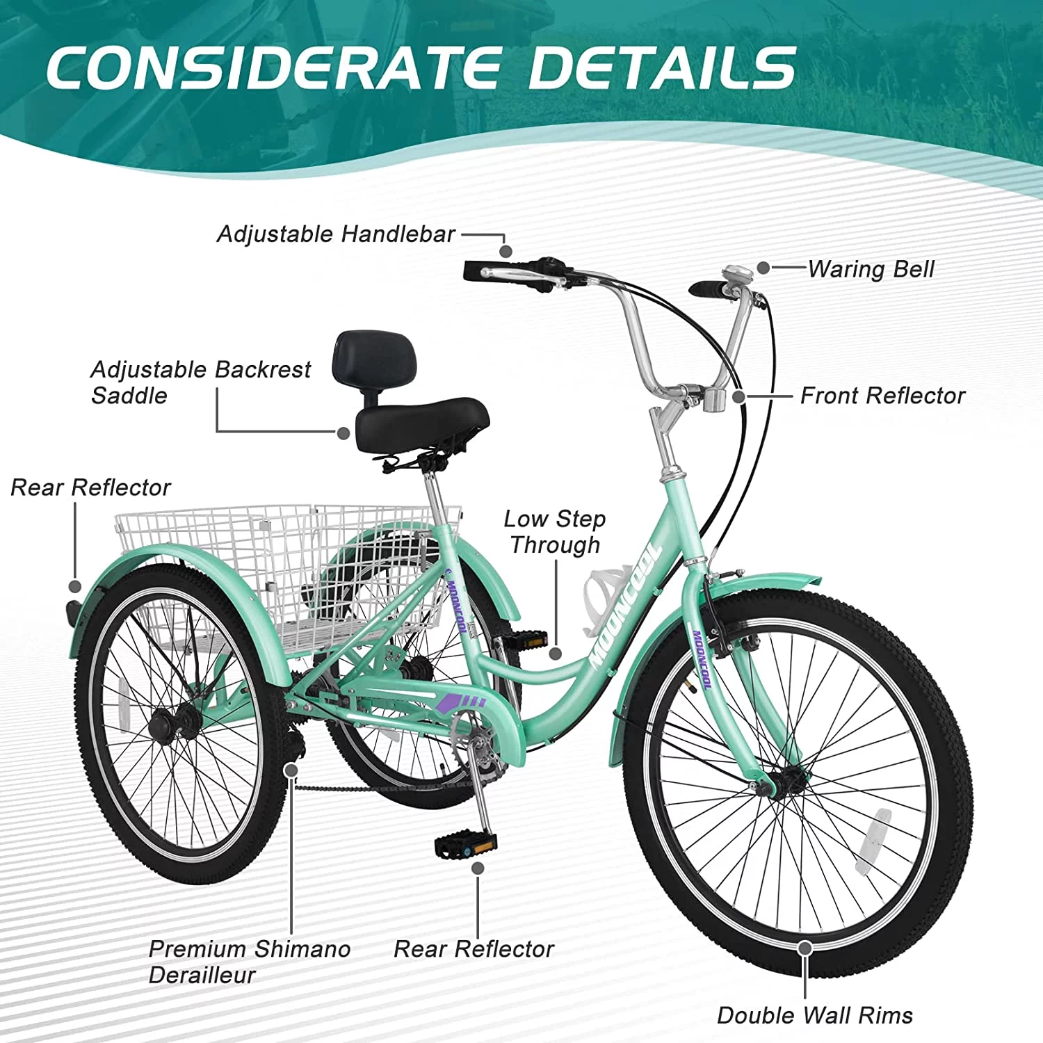 Docred Adult Tricycle 7 Speed 24 Inch Three Wheel Bike Cruiser Trike for Men/Women/Seniors - Womvr