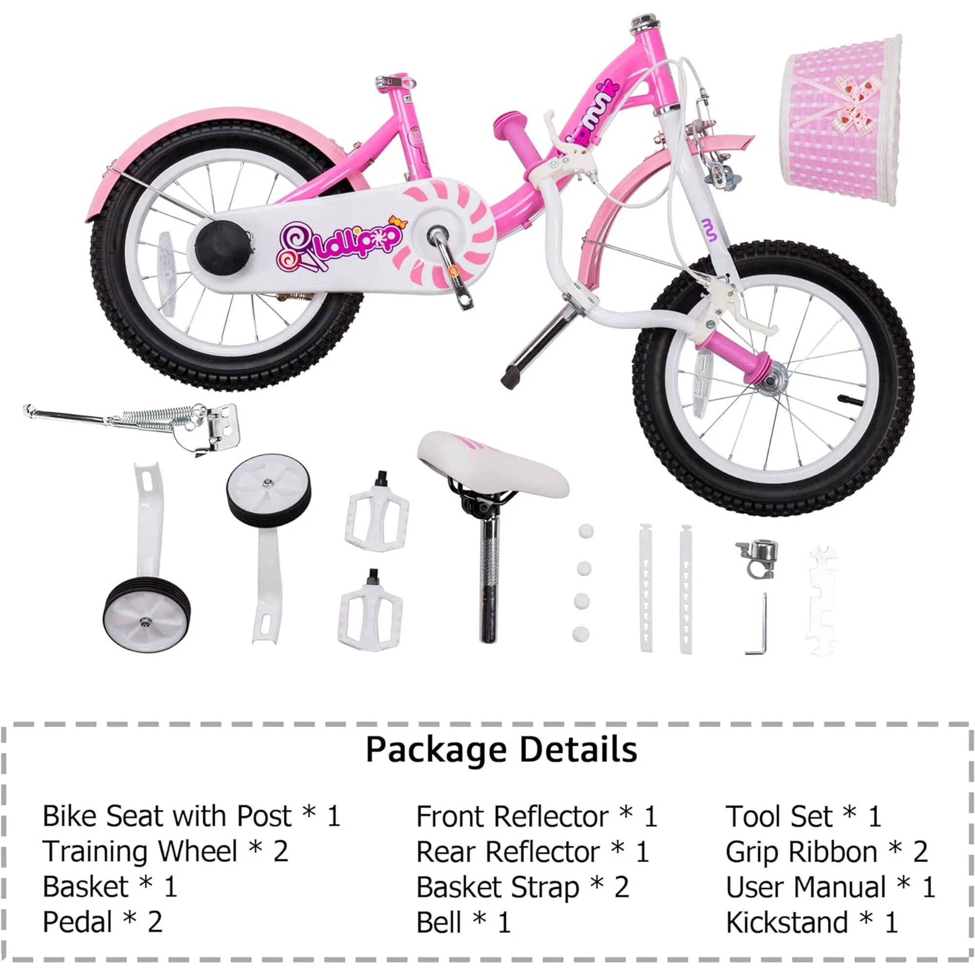 RoyalBaby Chipmunk Girls Kids Bike Bicycle with Basket Training Wheels 14 Inch Lollipop Pink - Womvr