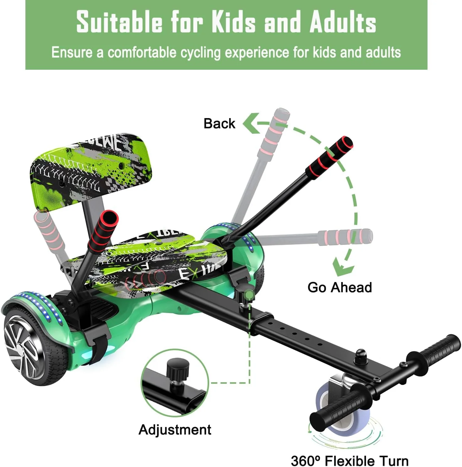 SISIGAD Hoverboard with Seat, 6.5 inch Hoverboard Go Kart Combo with Bluetooth Speaker & LED Lights for Kids Adults - Womvr