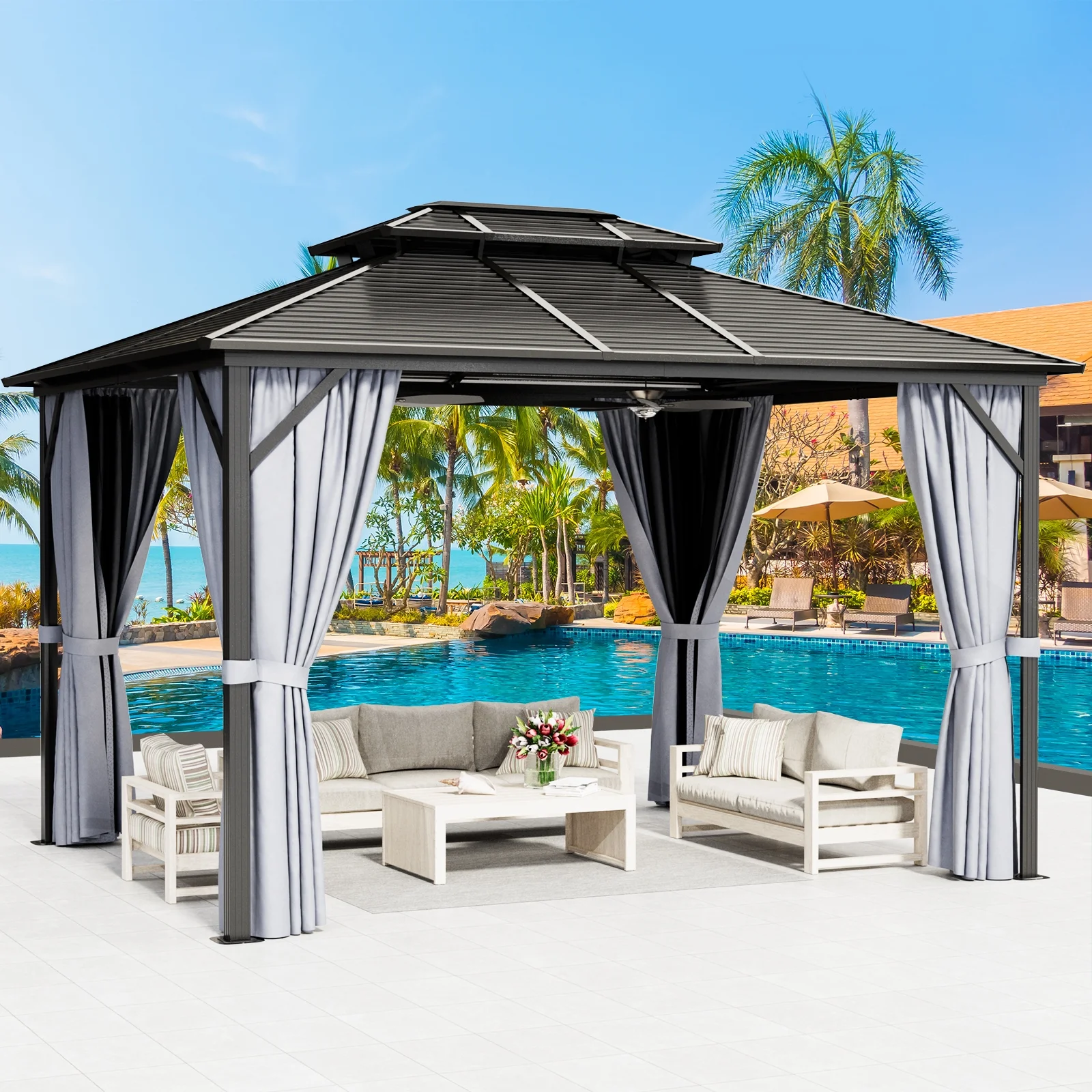 Aoxun 10 ft. x 12 ft. Outdoor Hardtop Gazebo, Galvanized Steel Double Roof Gazebo with Curtain and Netting, Gray - Womvr