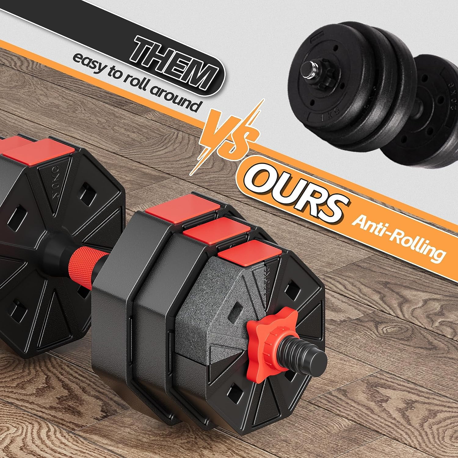 FIXTECH 66LB Adjustable Dumbbells Set, Weight Plate with Connector Used as Barbell, Fitness Strength Exercises for Home Gym, Red - Womvr