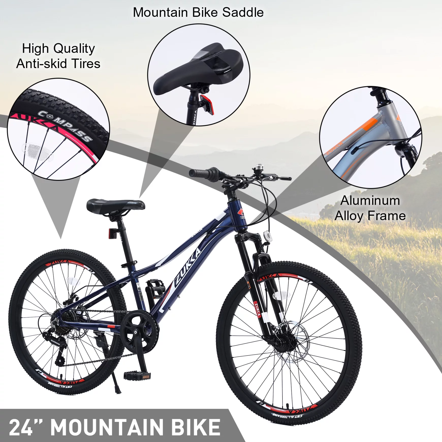 24 in Aluminum Mountain Bike for Boys and Girls, 7-Speed Mountain Bicycle with Double Disc Brake, Suspension Fork and High-quanity Anti-skid Tires, Blue - Womvr