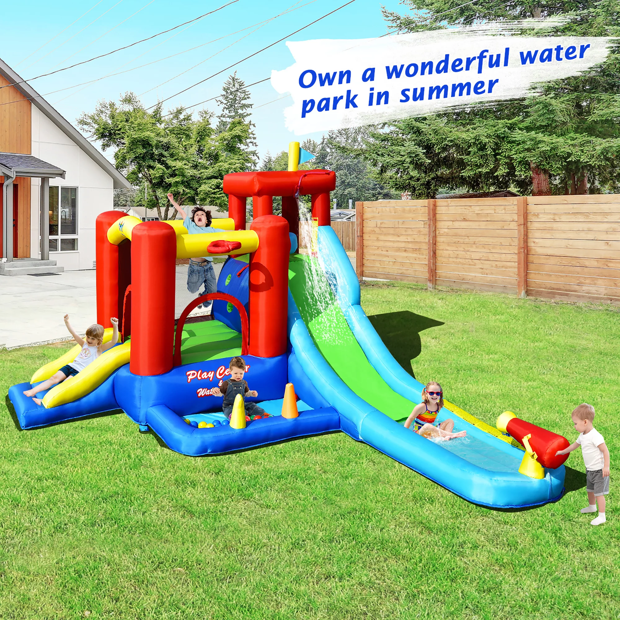 Costway 9-in-1 Inflatable Water Slide Kids Bounce Castle Giant Splash Pool with 860W Blower - Womvr
