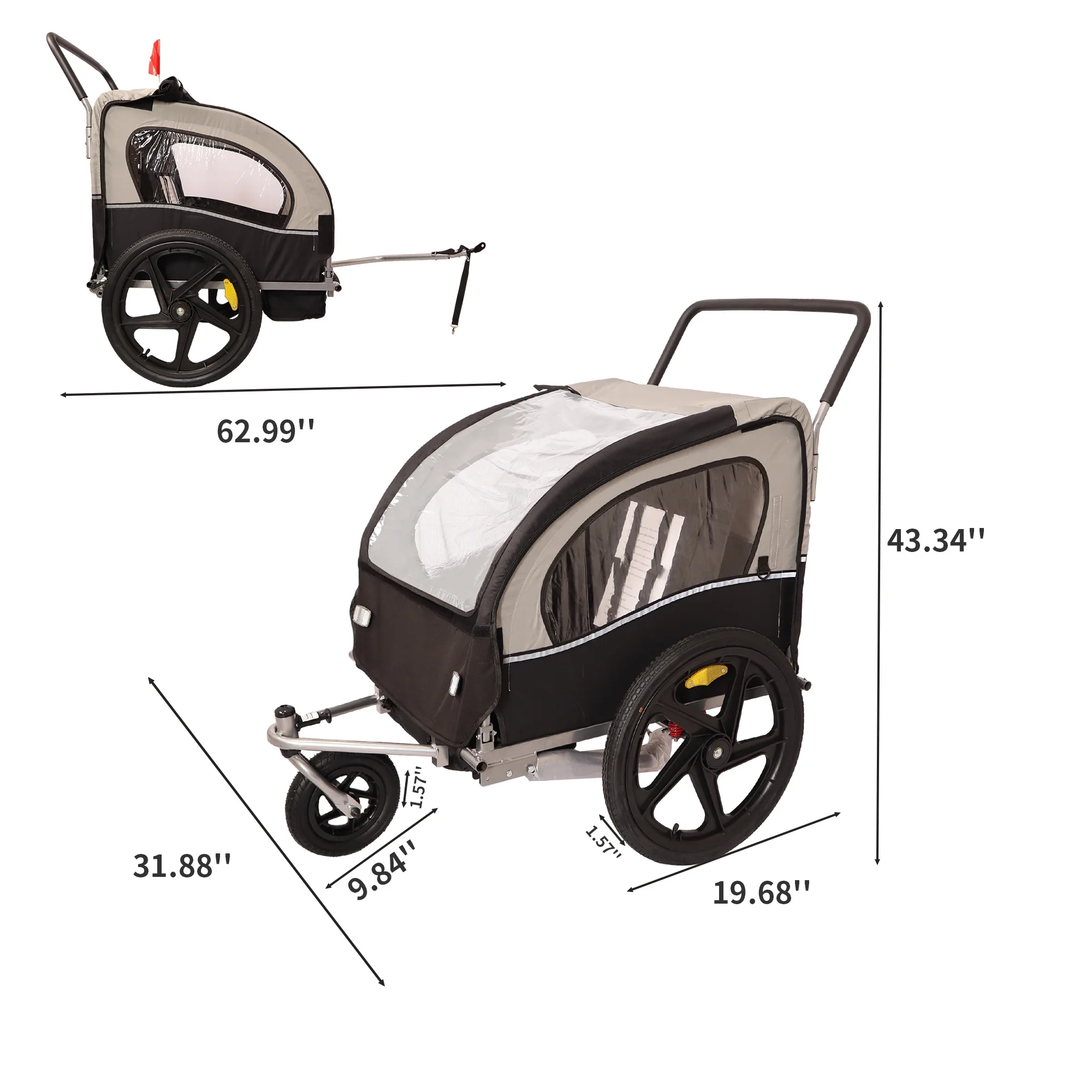 Immere Bike Trailer 2-in-1 Double 2 Seat Jogger Stroller - Foldable Collapsible w/Pivot Front Wheel - Wagon for Kids, Dog Bike Trailer, Black Gray - Womvr